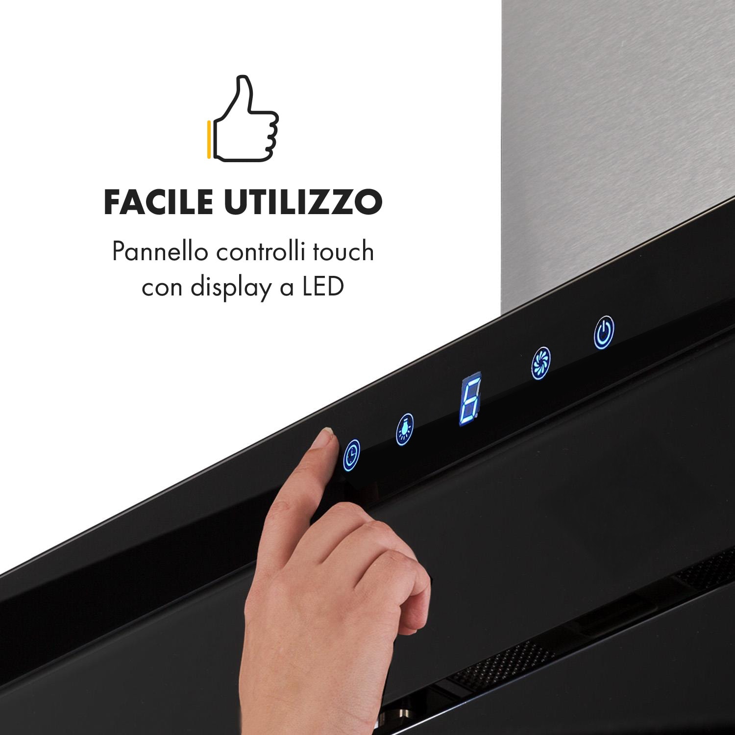 Valeria Cappa a Isola 90cm 650m³/h Scarico Touch LED Vetro Inox Nero