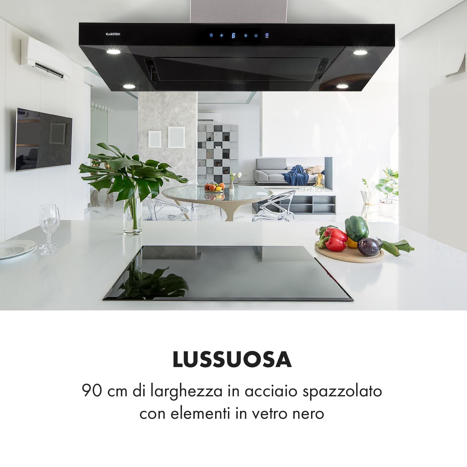 Valeria Cappa a Isola 90cm 650m³/h Scarico Touch LED Vetro Inox Nero