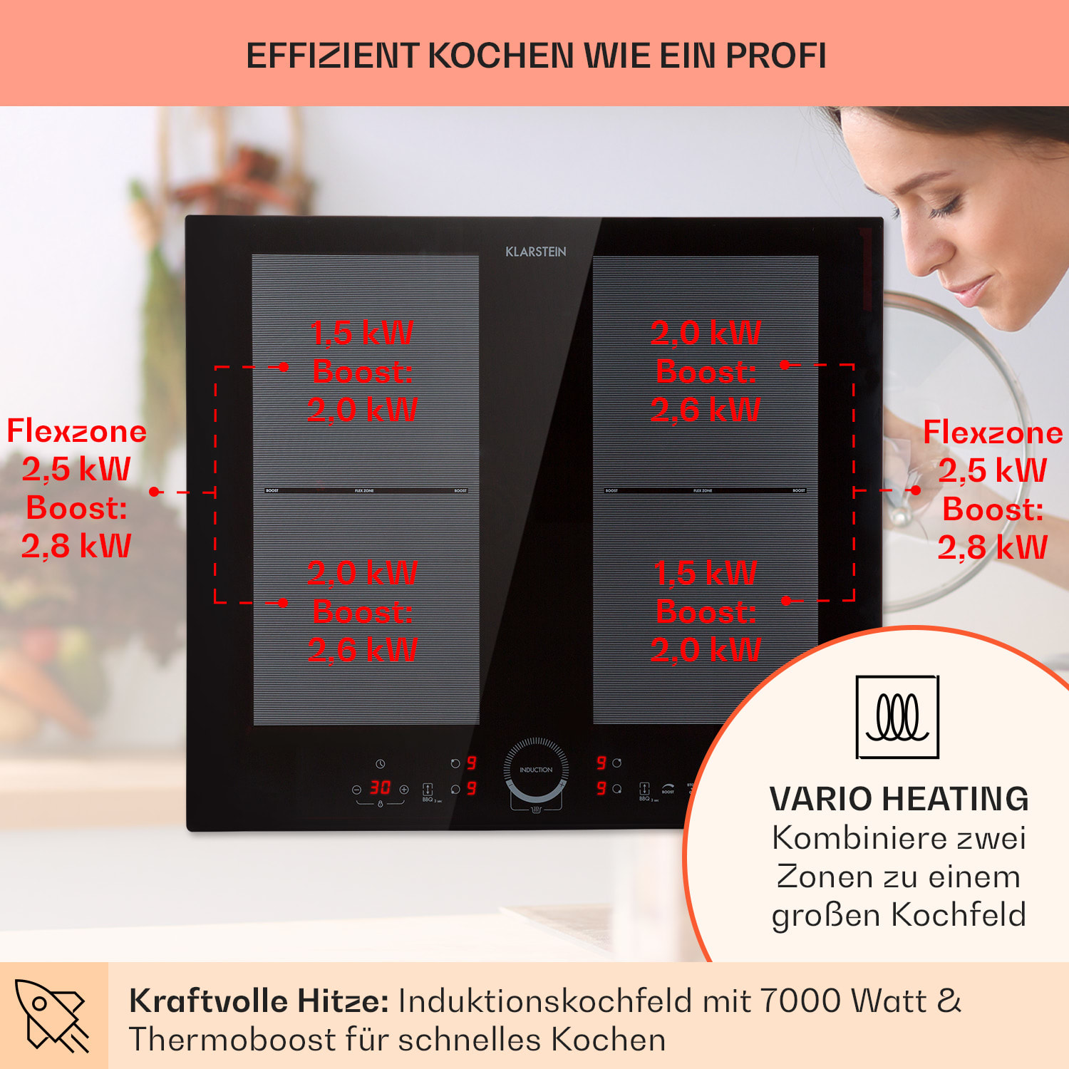 Delicatessa 60 Plaque de cuisson encastrable à induction 4 zones 7000W vitrocéramique Verre Noir