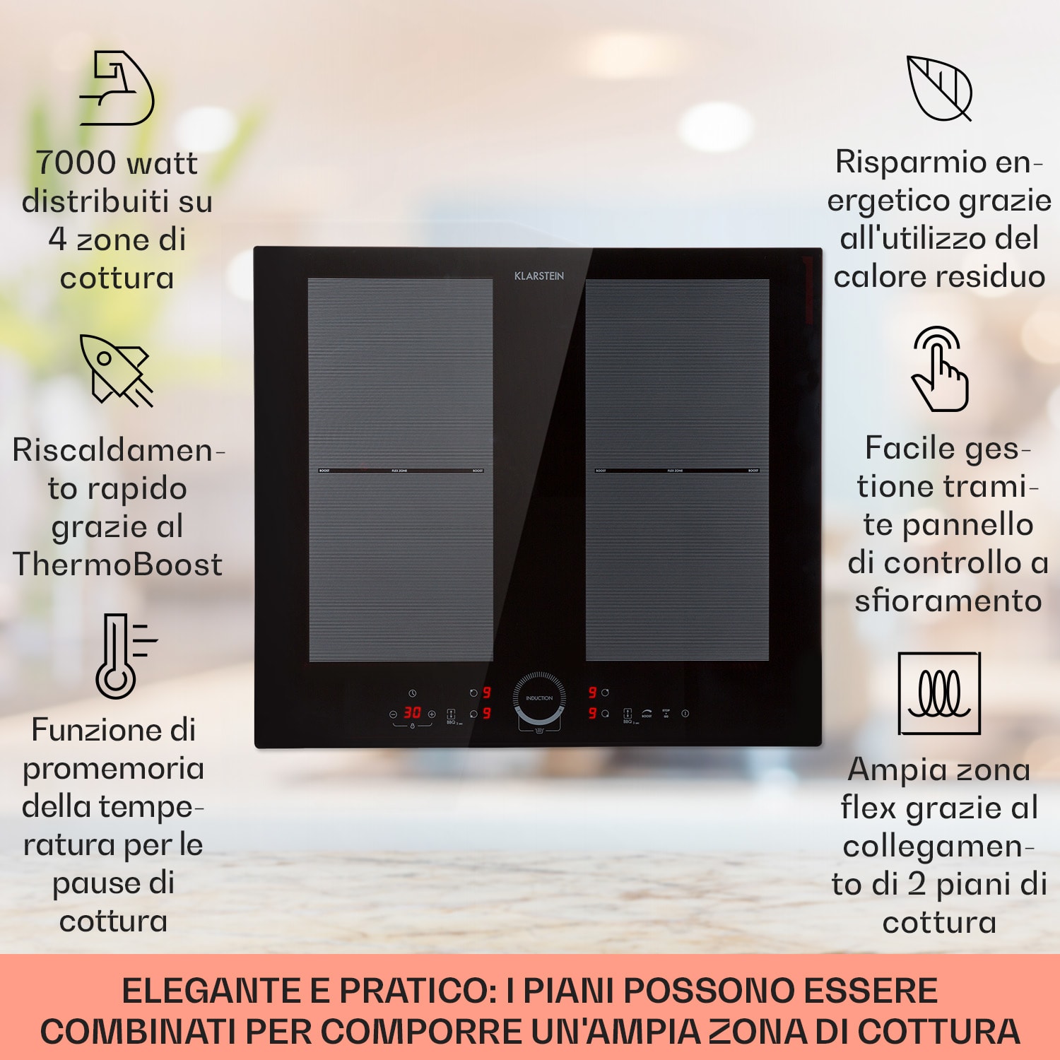 Delicatessa 60 - Piano cottura a induzione da incasso, 4 zone, 7000 W, vetroceramica Nero trasparente