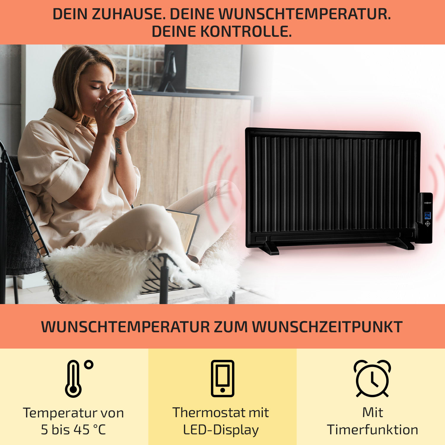 Wallander Ölradiator 800W Thermostat Ölheizung ultraflach schwarz 800 W | Schwarz