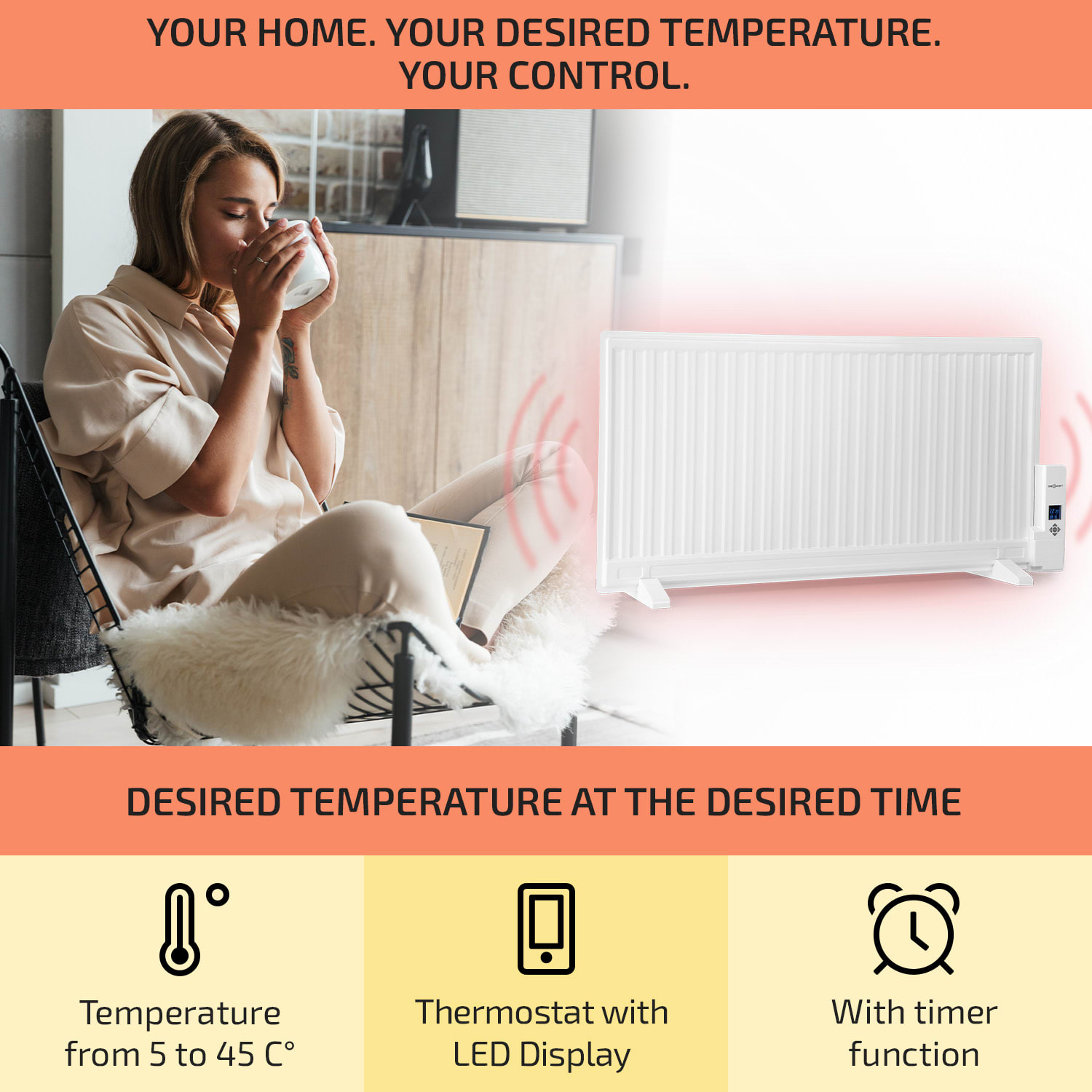 Wallander, olajradiátor, 1000 W, termosztát, olajfűtés, lapos design, fehér 1000 W | Fehér
