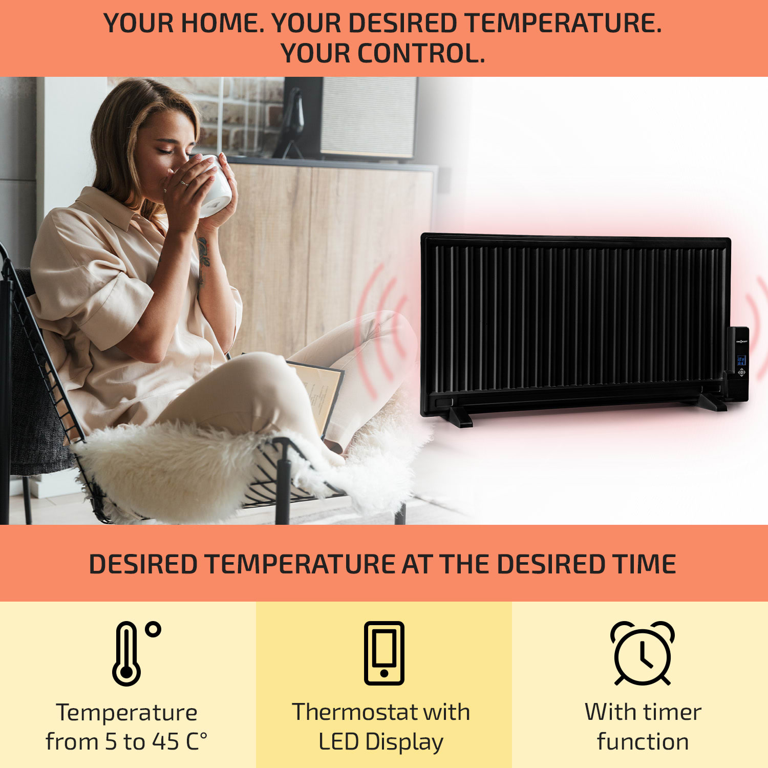 Wallander, oljni radiator, 1000 W, termostat, oljno ogrevanje, ultra ravna oblika, črna 1000 W | Črna