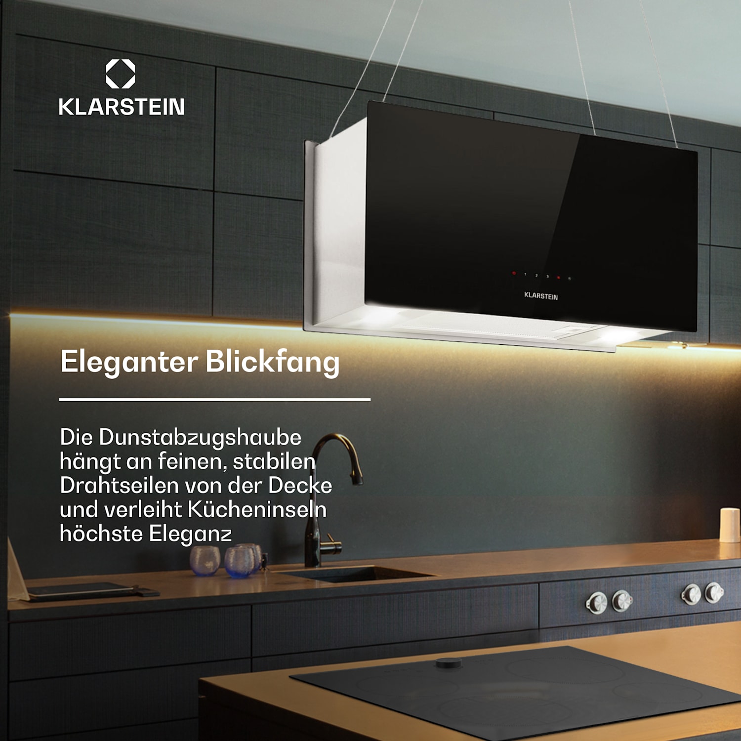 Kronleuchter L Inselabzugshaube 60cm Abluft: 590m³/h LED Touch Glas Schwarz