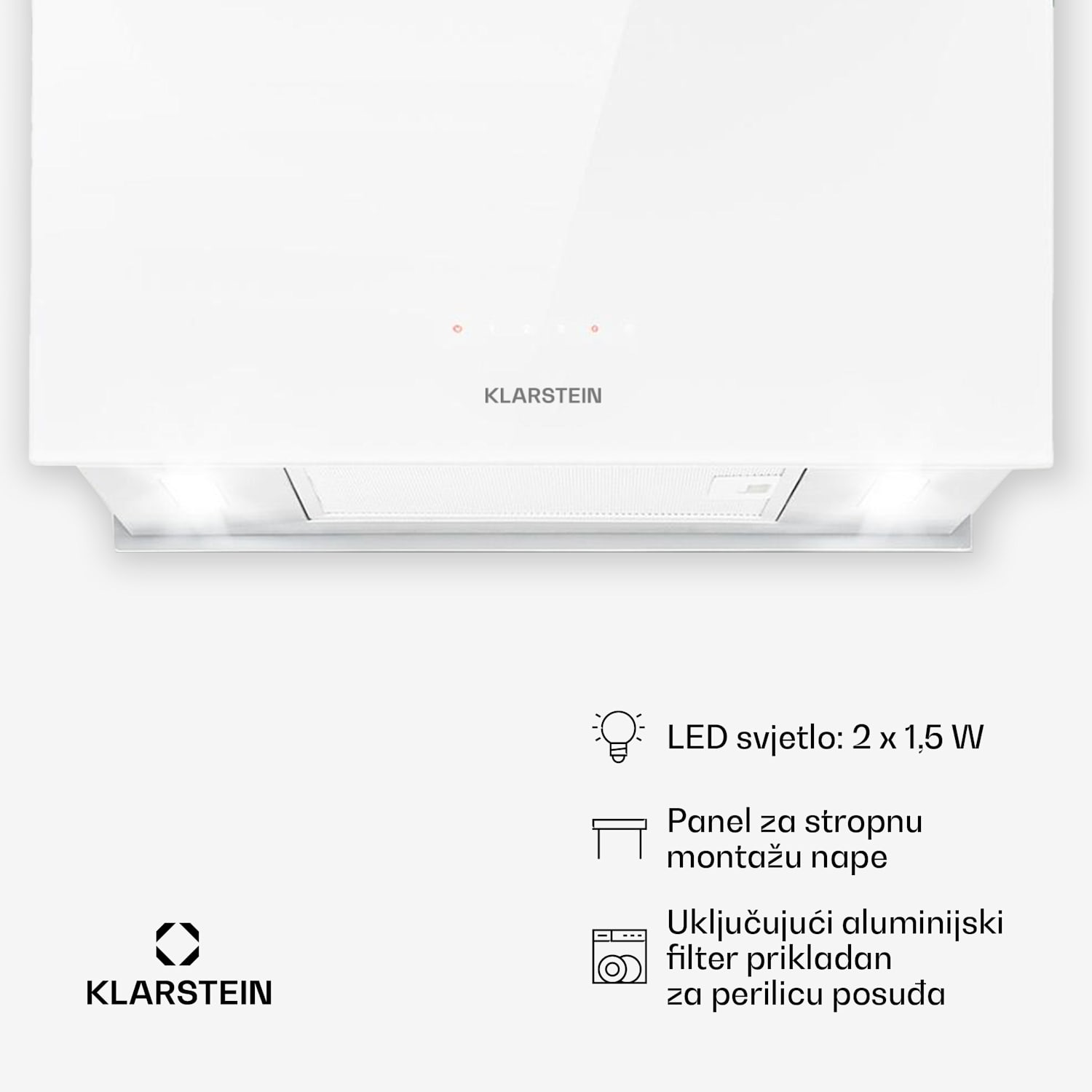 Kronleuchter L, stropna otočna kuhinjska napa, 60 cm, snaga recirkulacije 590 m³/h, LED, zaslon osvjetljiv na dodir, bijela Bijela