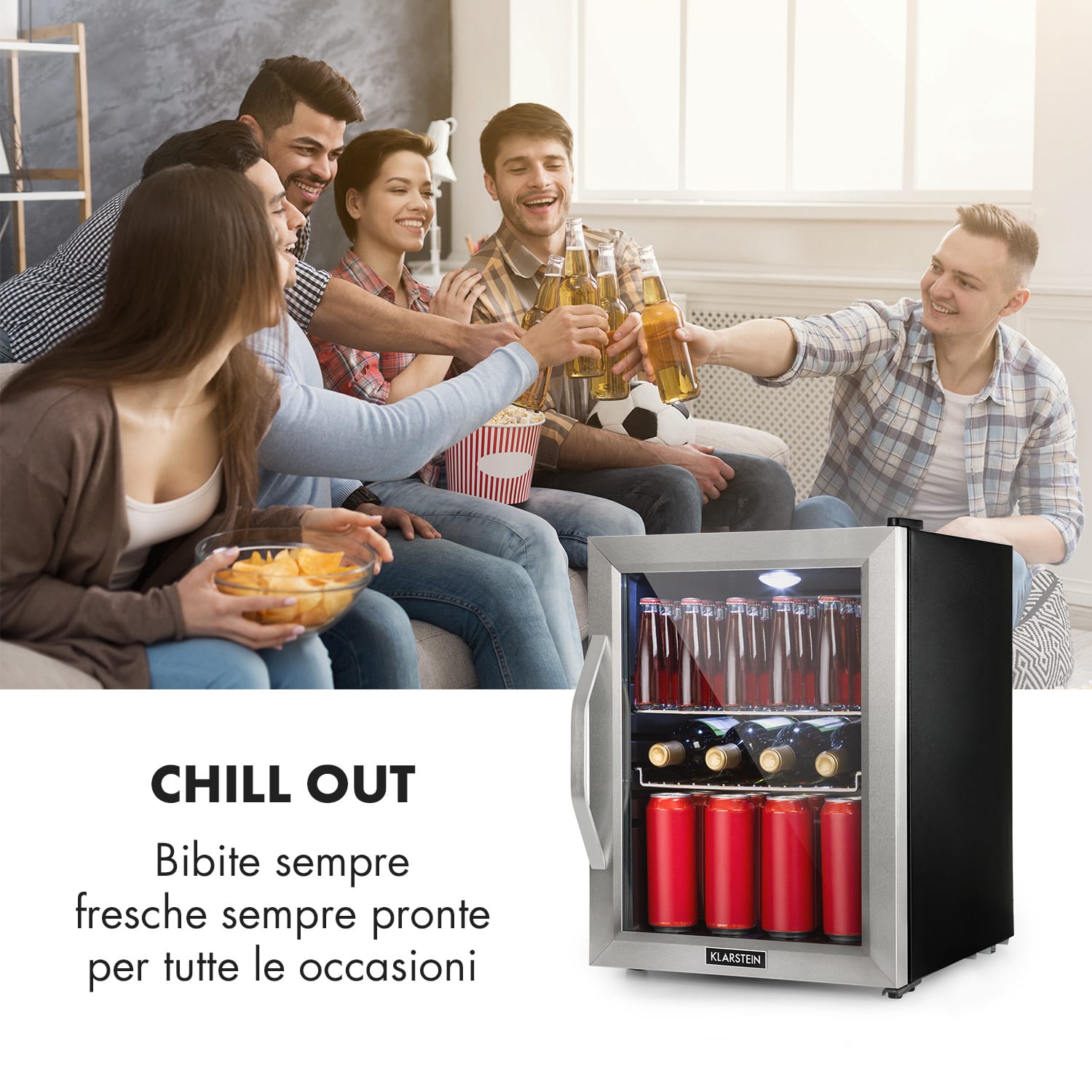 Beersafe M - Frigorifero, 33 litri, 2 ripiani, sportello panoramico in vetro, acciaio inox 