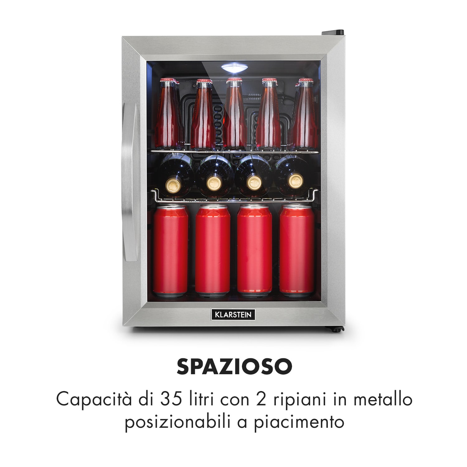 Beersafe M - Frigorifero, 33 litri, 2 ripiani, sportello panoramico in vetro, acciaio inox 