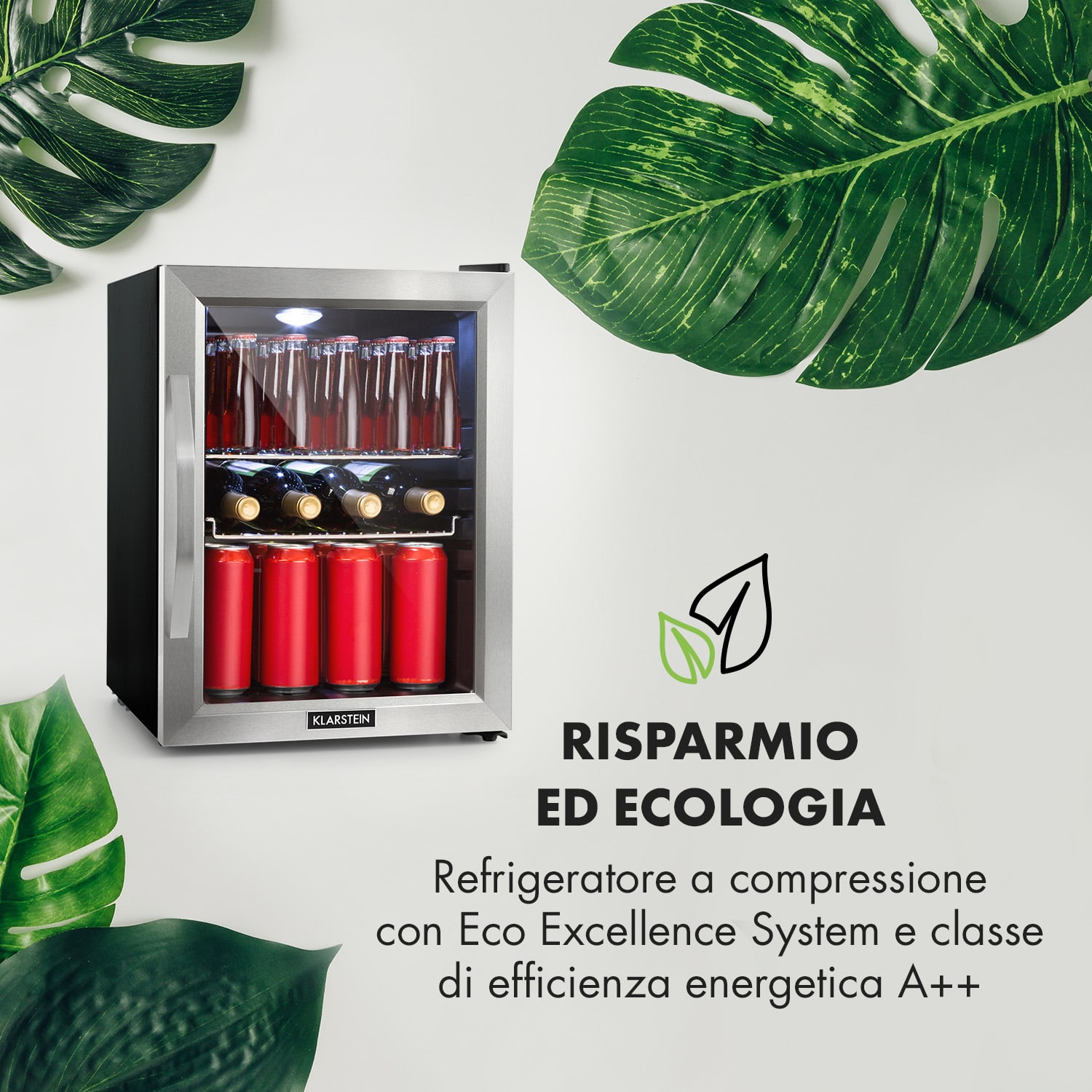 Beersafe M - Frigorifero, 33 litri, 2 ripiani, sportello panoramico in vetro, acciaio inox 