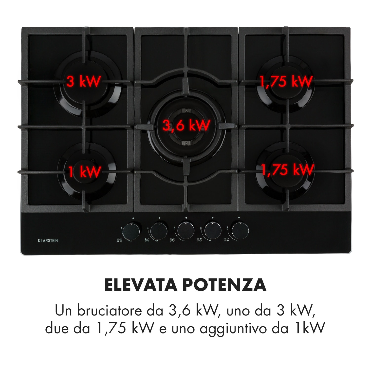 Ignito Piano cottura a gas a 5 fuochi 5 zone bruciatori vetroceramica nero 