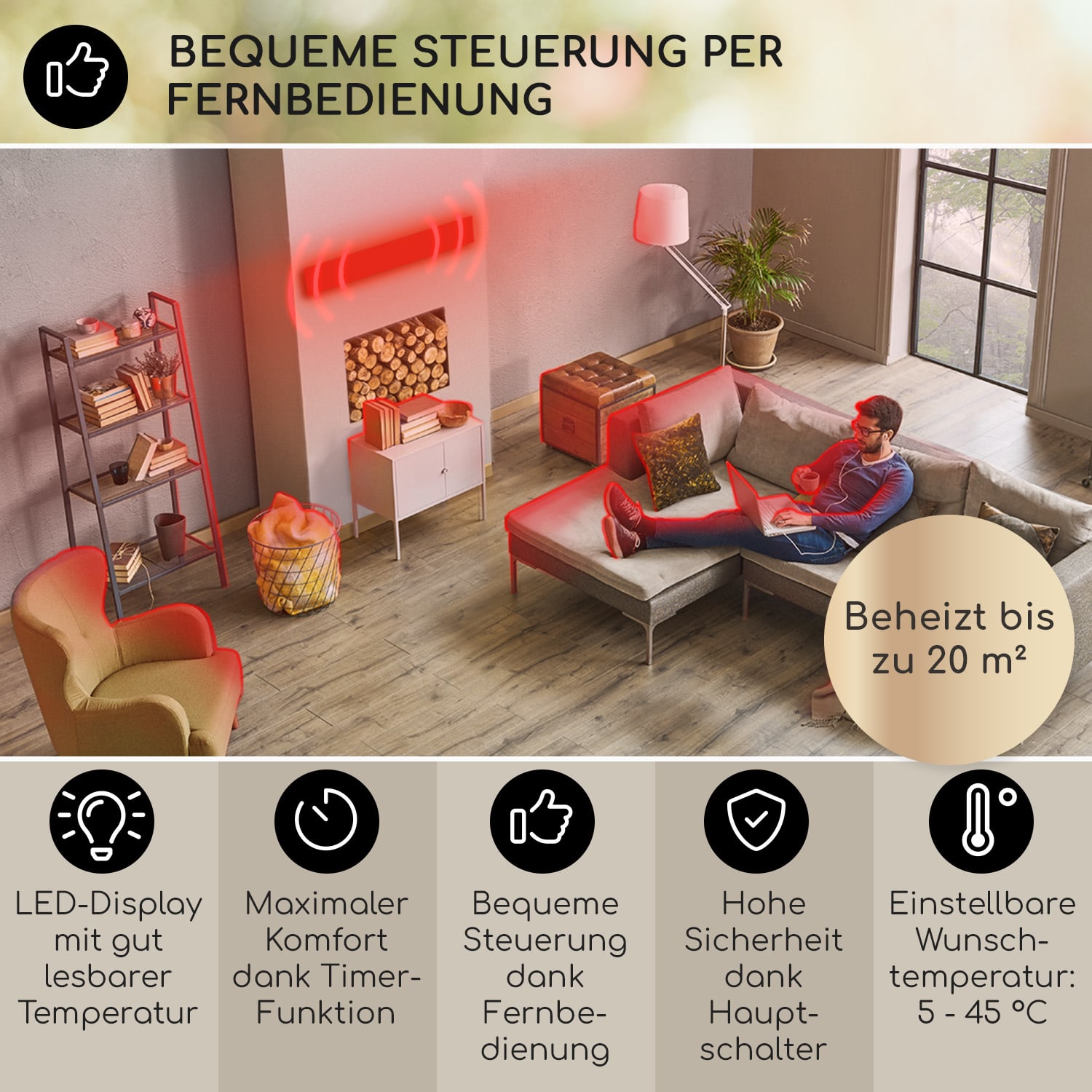 Chauffage par infrarouge Cosmic Beam Plus 2400 W IP 44 télécommande 