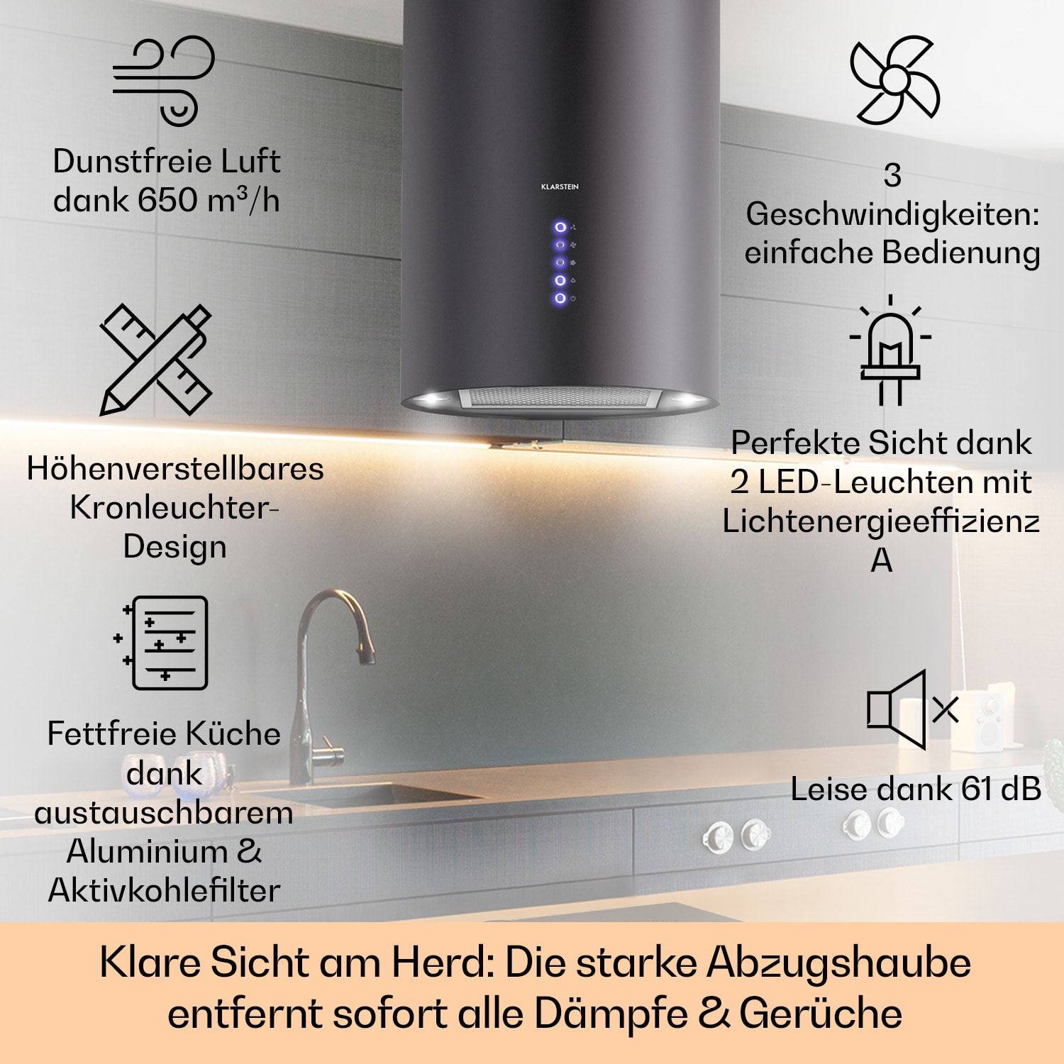 Beretta Inselabzugshaube Ø35cm 650m³/h LED inkl. Aktivkohlefilter Schwarz