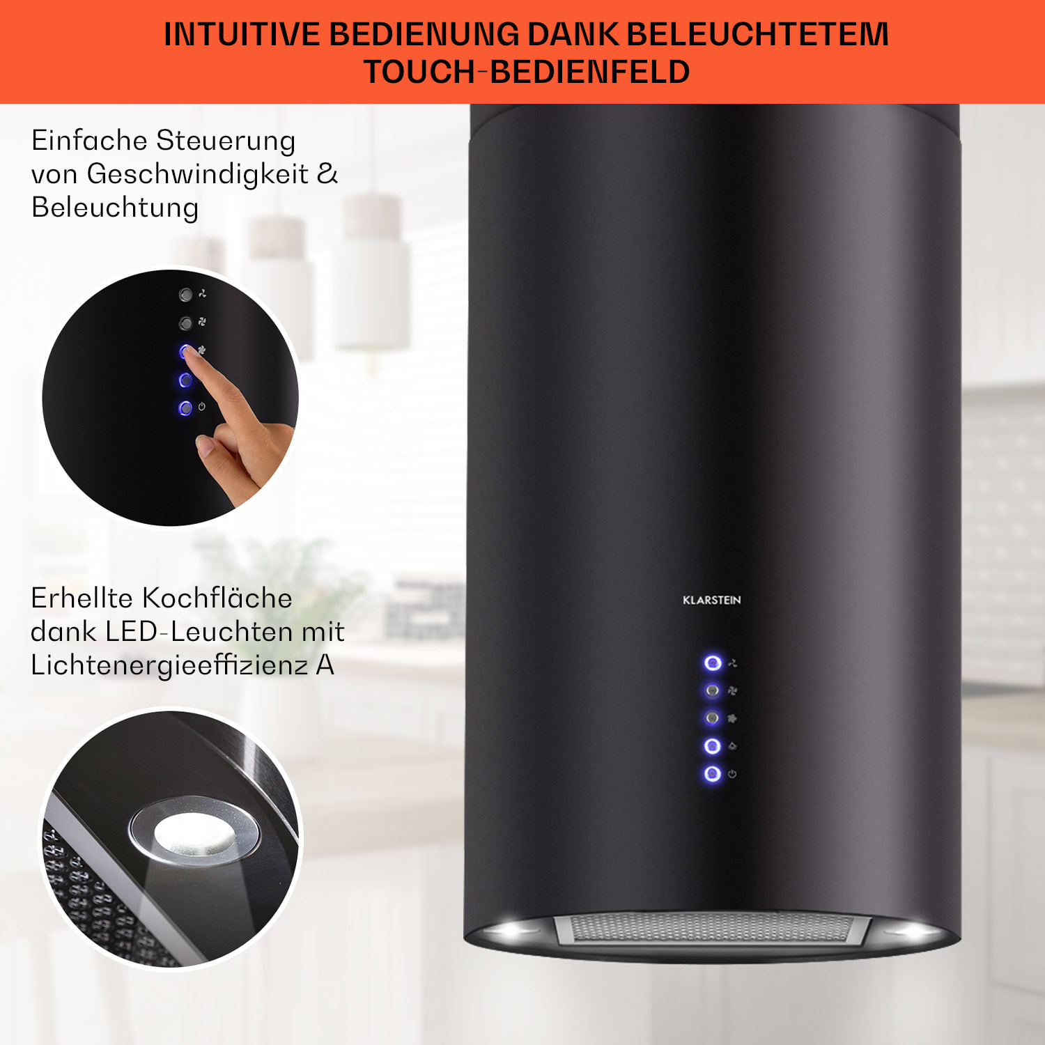 Beretta Inselabzugshaube Ø35cm 650m³/h LED inkl. Aktivkohlefilter Schwarz