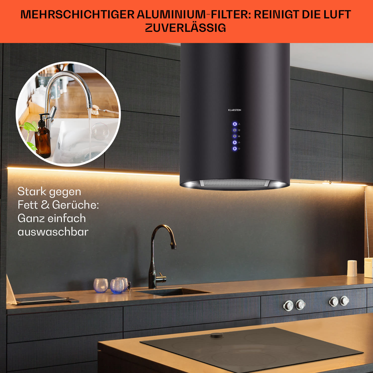 Beretta Inselabzugshaube Ø35cm 650m³/h LED inkl. Aktivkohlefilter Schwarz