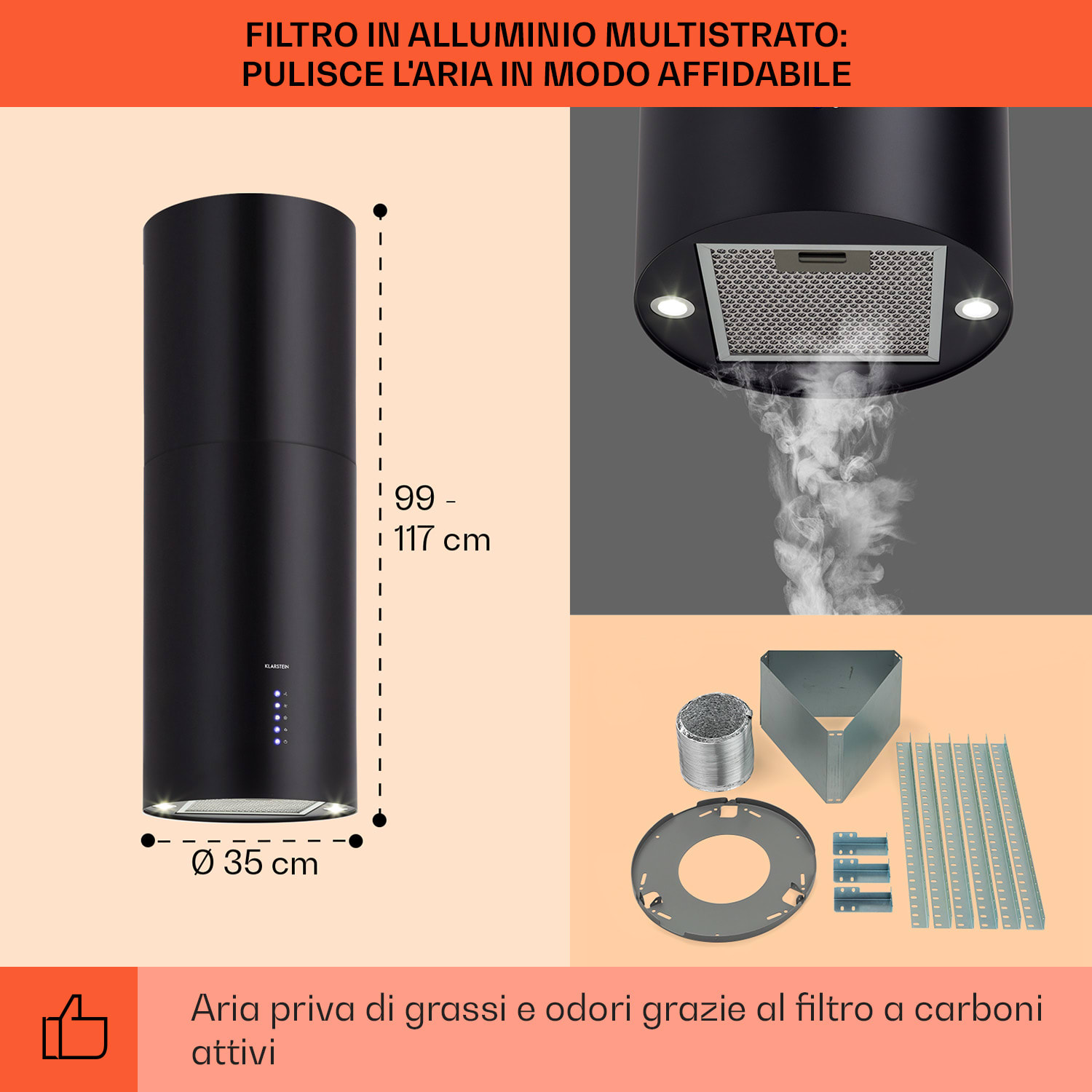 Klarstein Beretta cappa aspirante a isola Ø35cm a ricircolo 650m³/h LED nero Nero