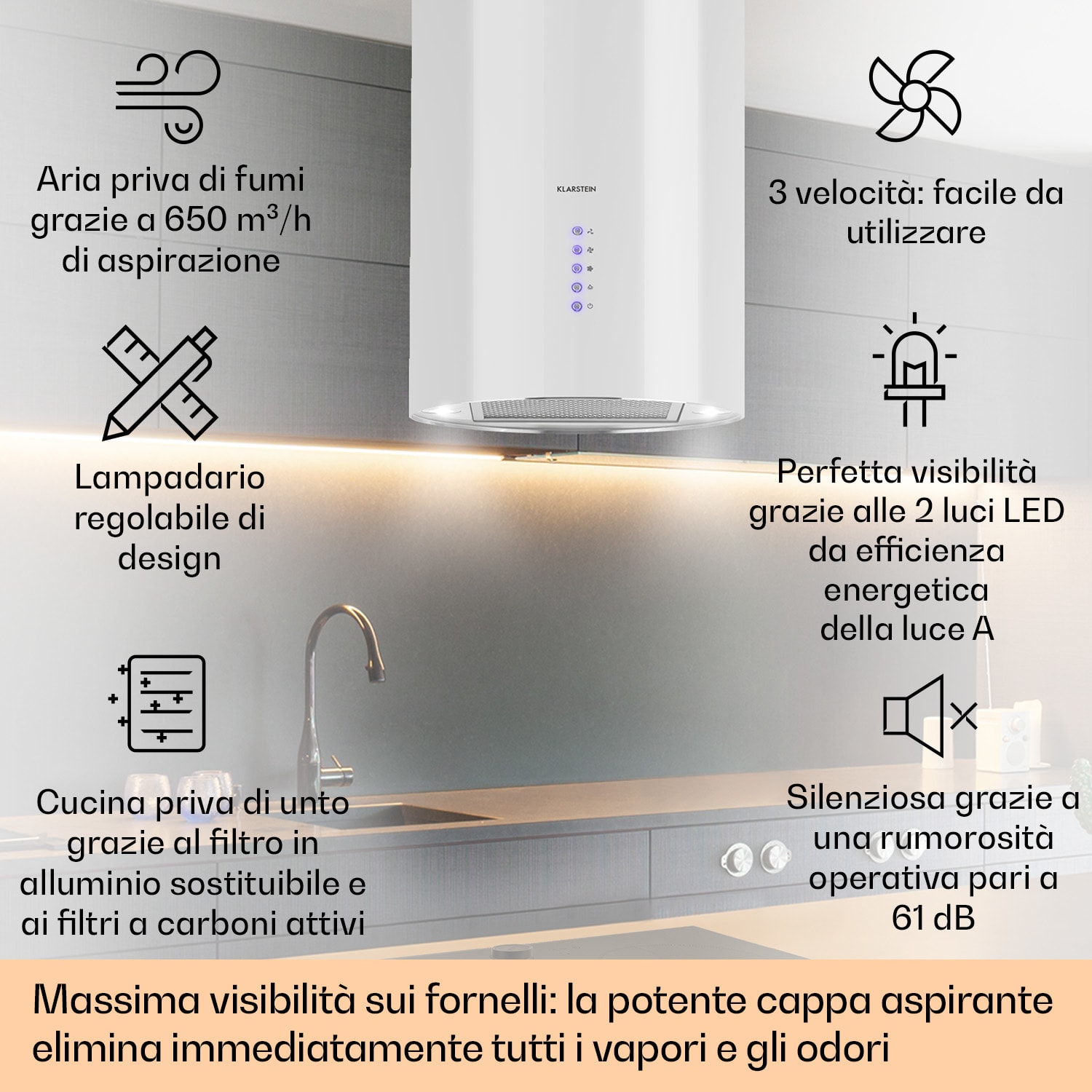 Beretta cappa aspirante a isola Ø35cm a ricircolo 650m³/h LED bianco Bianco