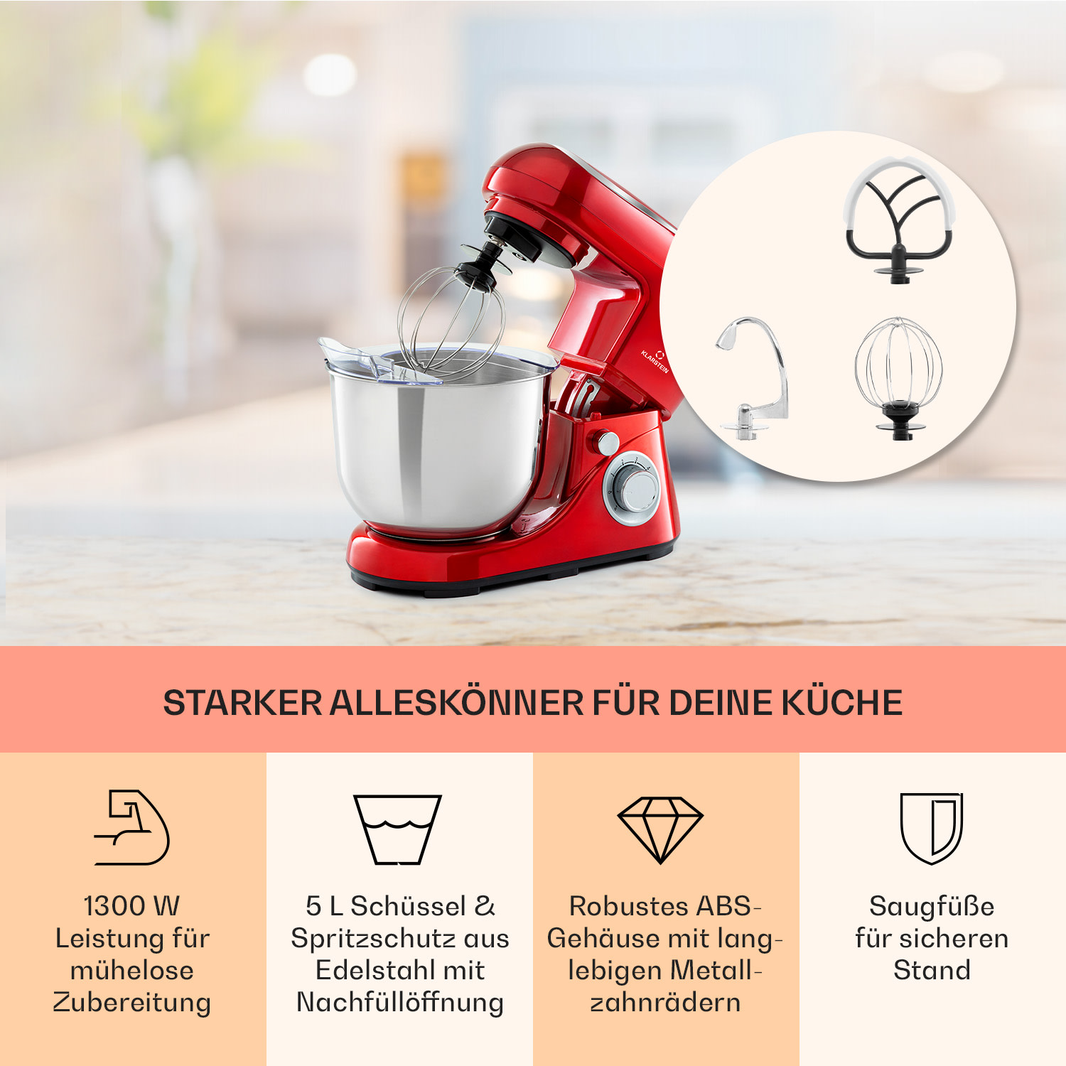 Bella Pico 2G Küchenmaschine 1300W 1,7PS 6 Stufen 5 Liter Rot