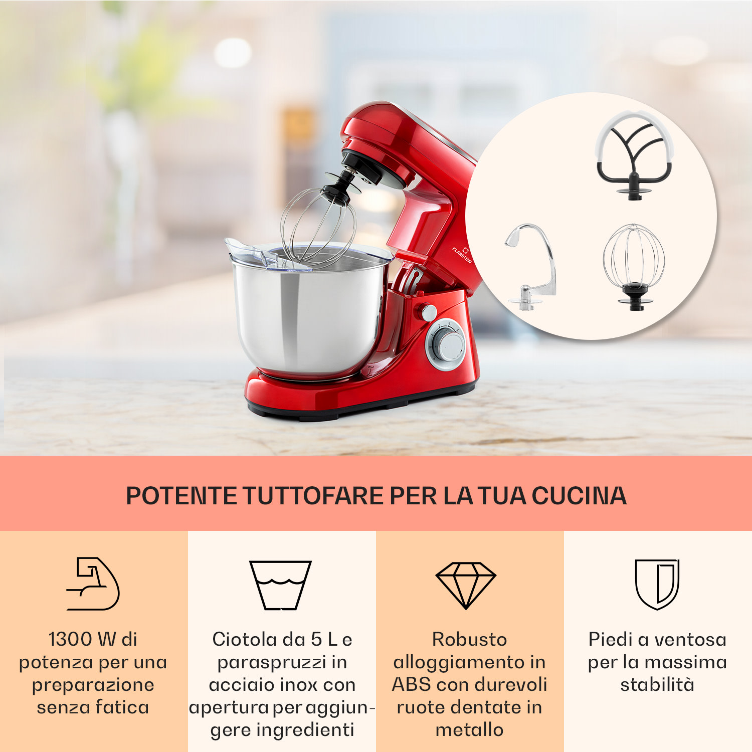Bella Pico 2G, robot da cucina, 6 livelli, 5 litri, 1300W, 1,7 CV Rosso