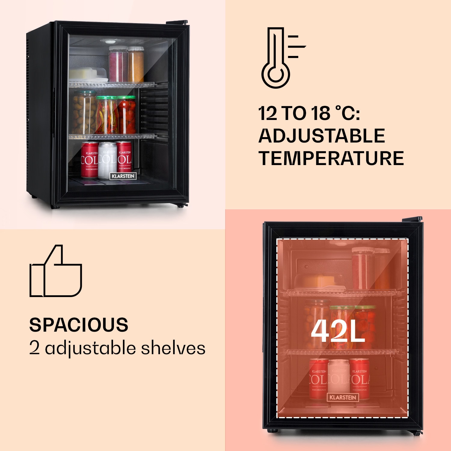 Brooklyn 42 mini frigo, sportello di vetro, LED, ripiano 42 Ltr | Nero