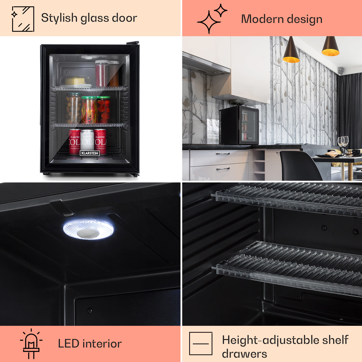 Brooklyn 42 mini frigo, sportello di vetro, LED, ripiano 42 Ltr | Nero