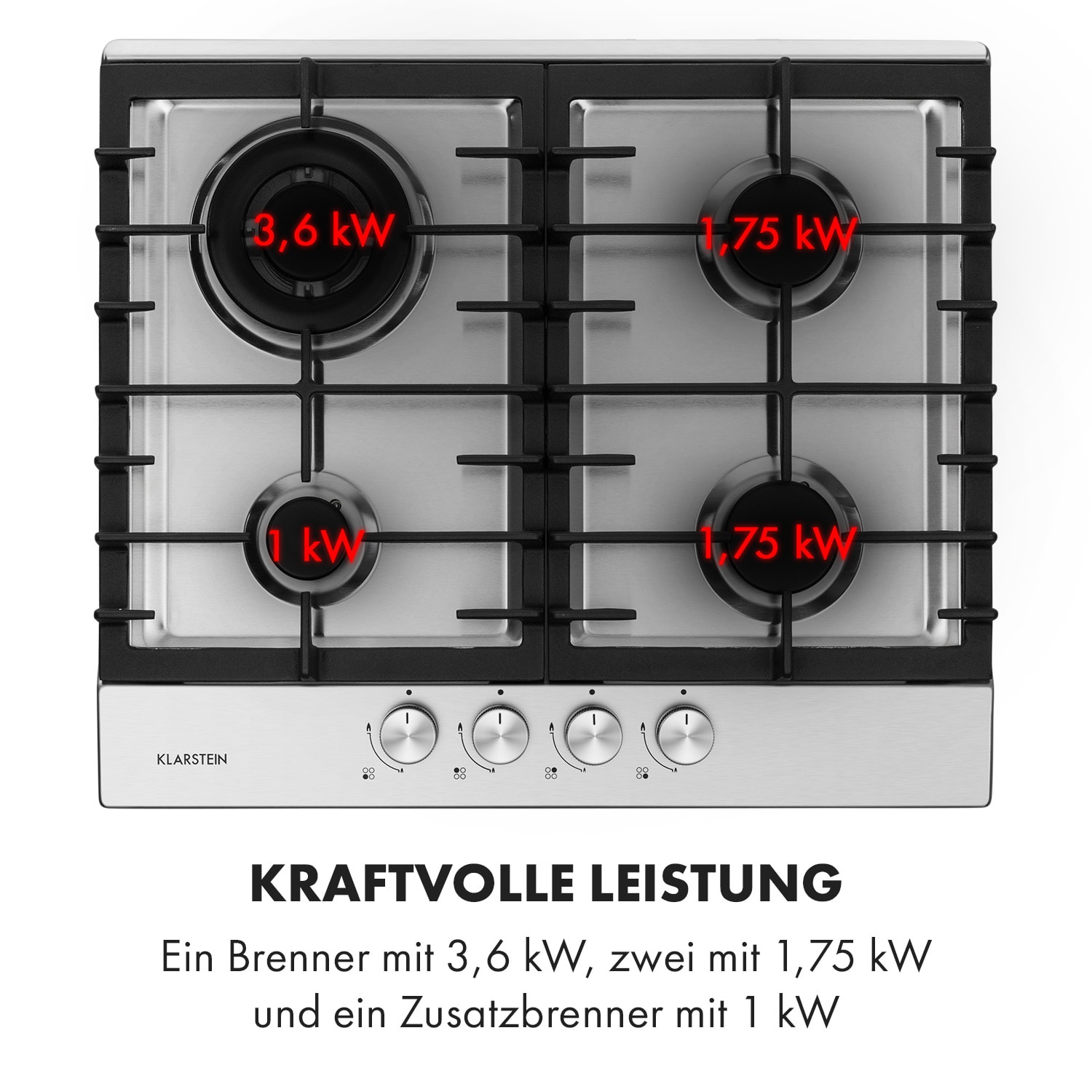 Ignito 4 Zonen Gaskochfeld 4-flammig Sabaf-Brenner Edelstahl silber 60 cm | Edelstahl | Silber