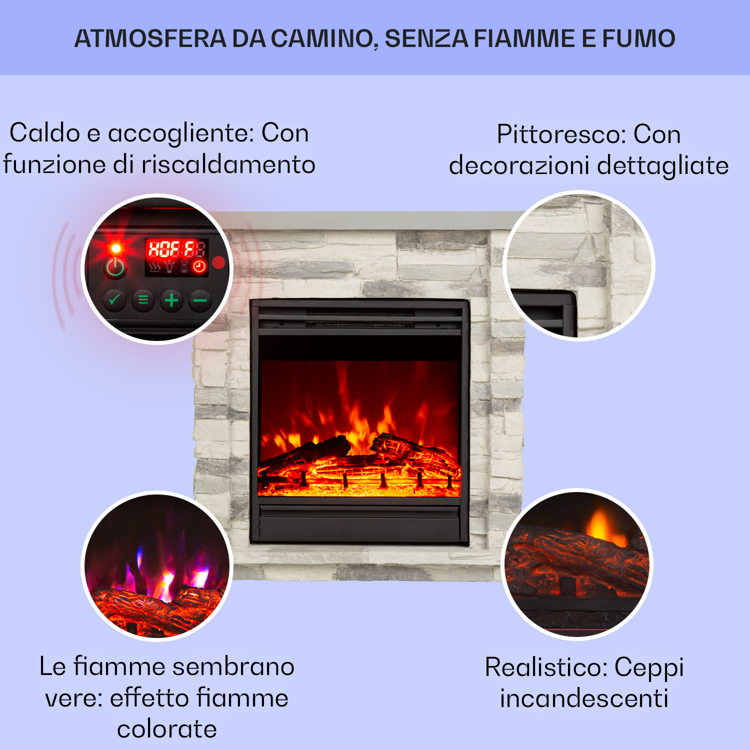 Lienz - Camino elettrico, 1800 W, elementi decorativi in polystone, telecomando 