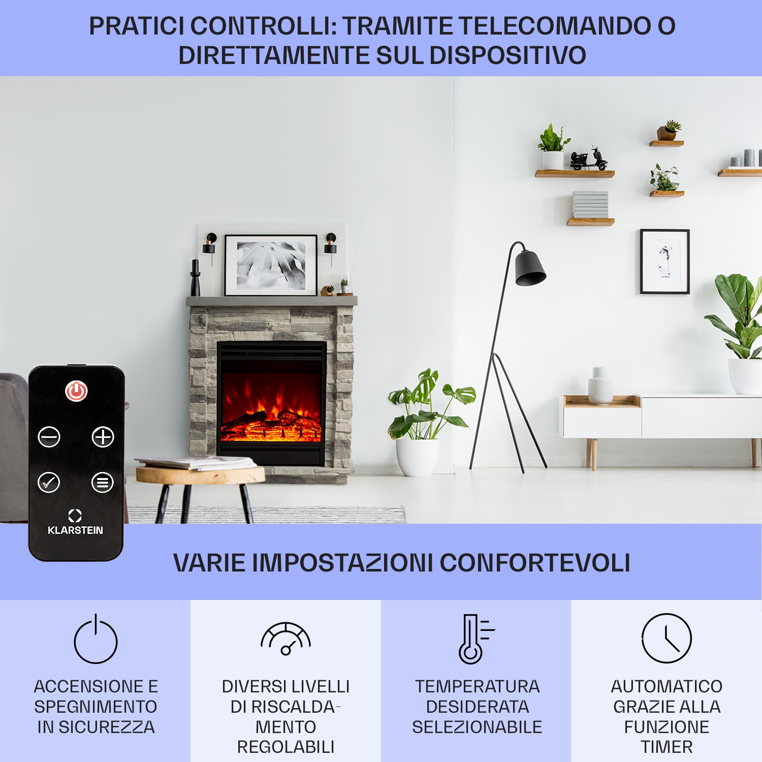 Lienz - Camino elettrico, 1800 W, elementi decorativi in polystone, telecomando 