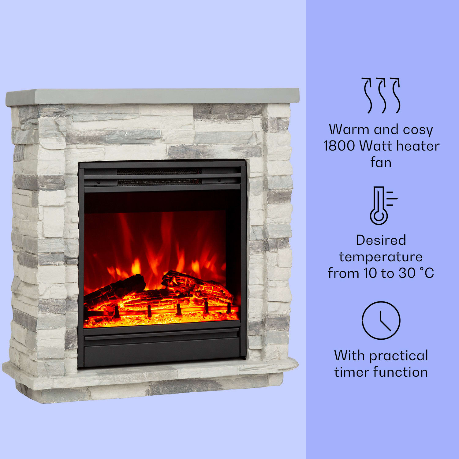 Lienz Electric Fireplace 1800W Stone Decor Polystone Remote Control Cool Gray Stone