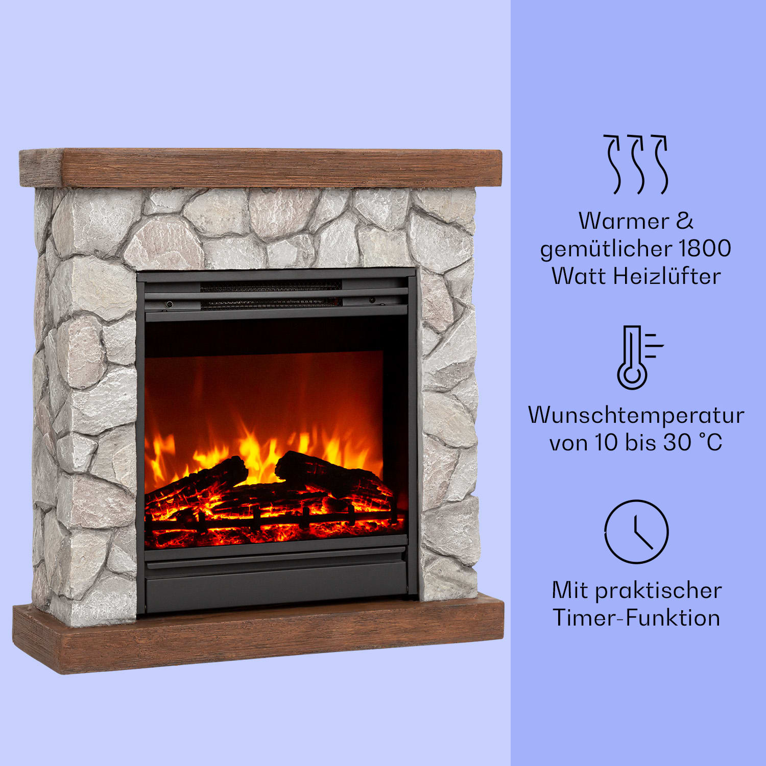 Lienz Elektrischer Kamin 1800W Steindekor Polystone Fernbedienung Steingrau