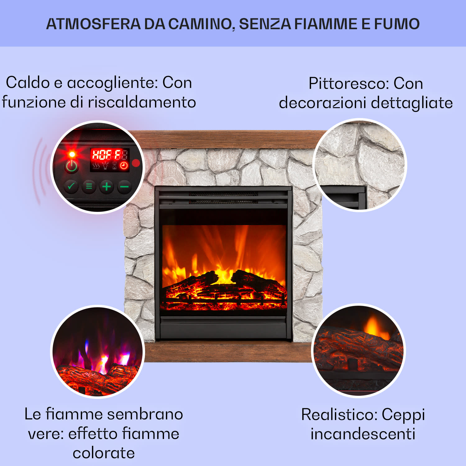 Lienz - Camino elettrico, 1800 W, elementi decorativi in polystone, telecomando Grigio