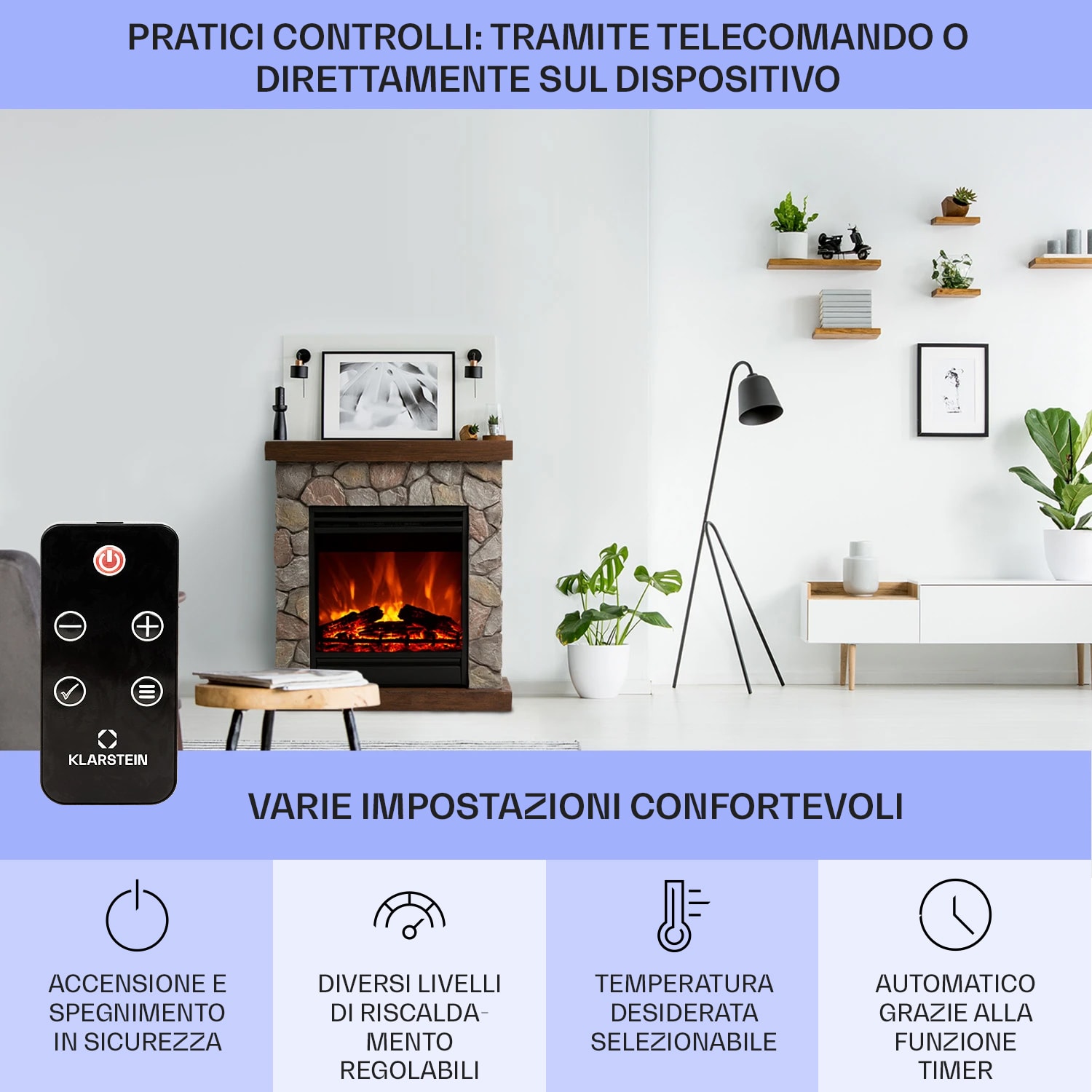 Lienz - Camino elettrico, 1800 W, elementi decorativi in polystone, telecomando Grigio