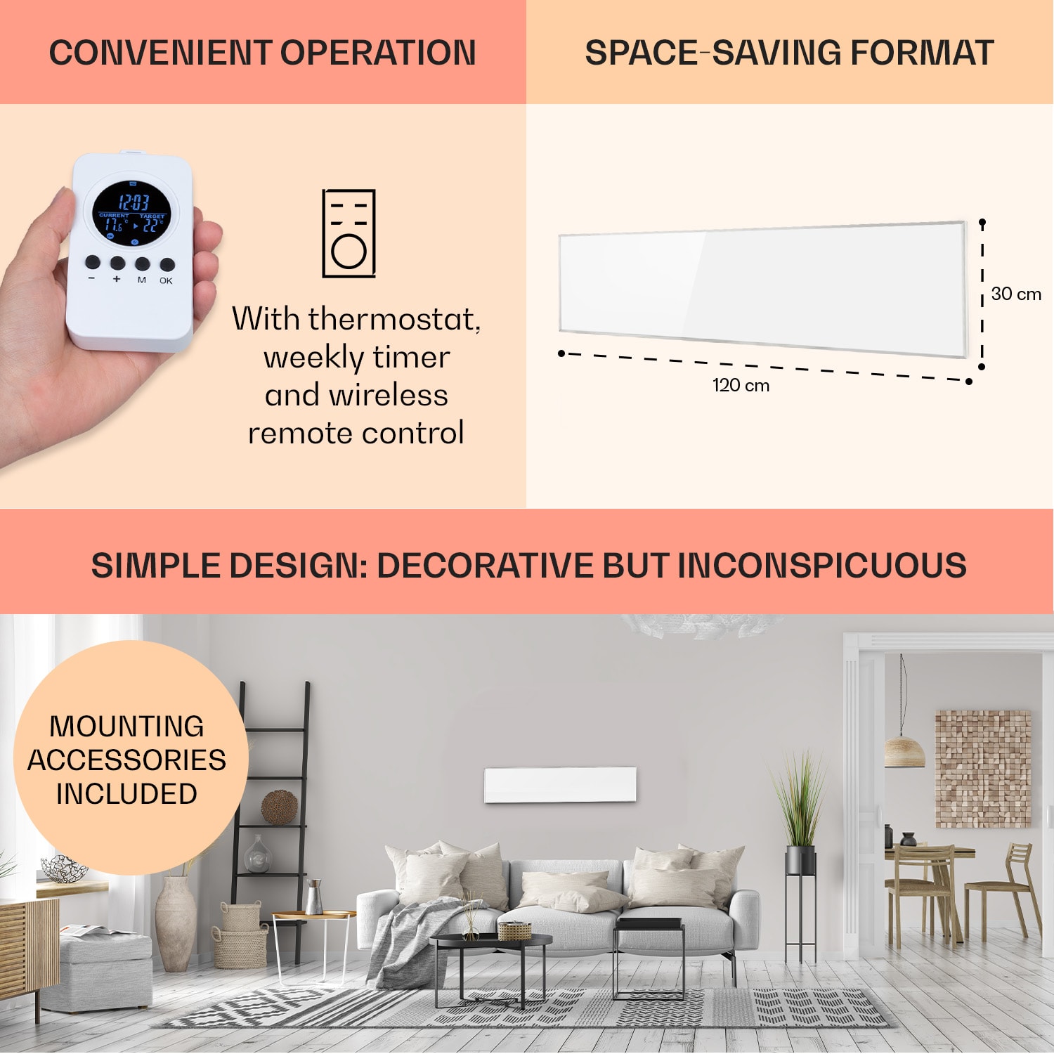 Wonderwall Air 36 Infrarotheizung 120x30cm 360W Wandinstallation Fernbedienung 