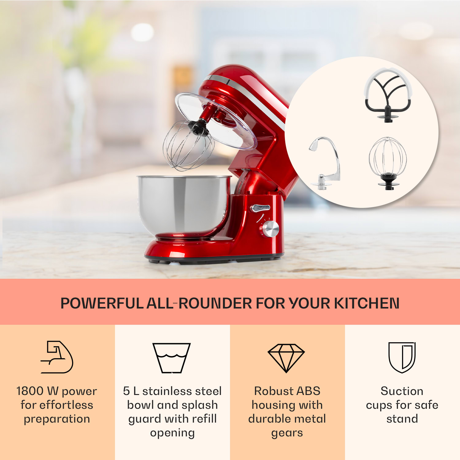 Bella Elegance Robot culinaire 1800 W / 2,7 ch 5,2 l Acier inoxydable sans BPA Rouge
