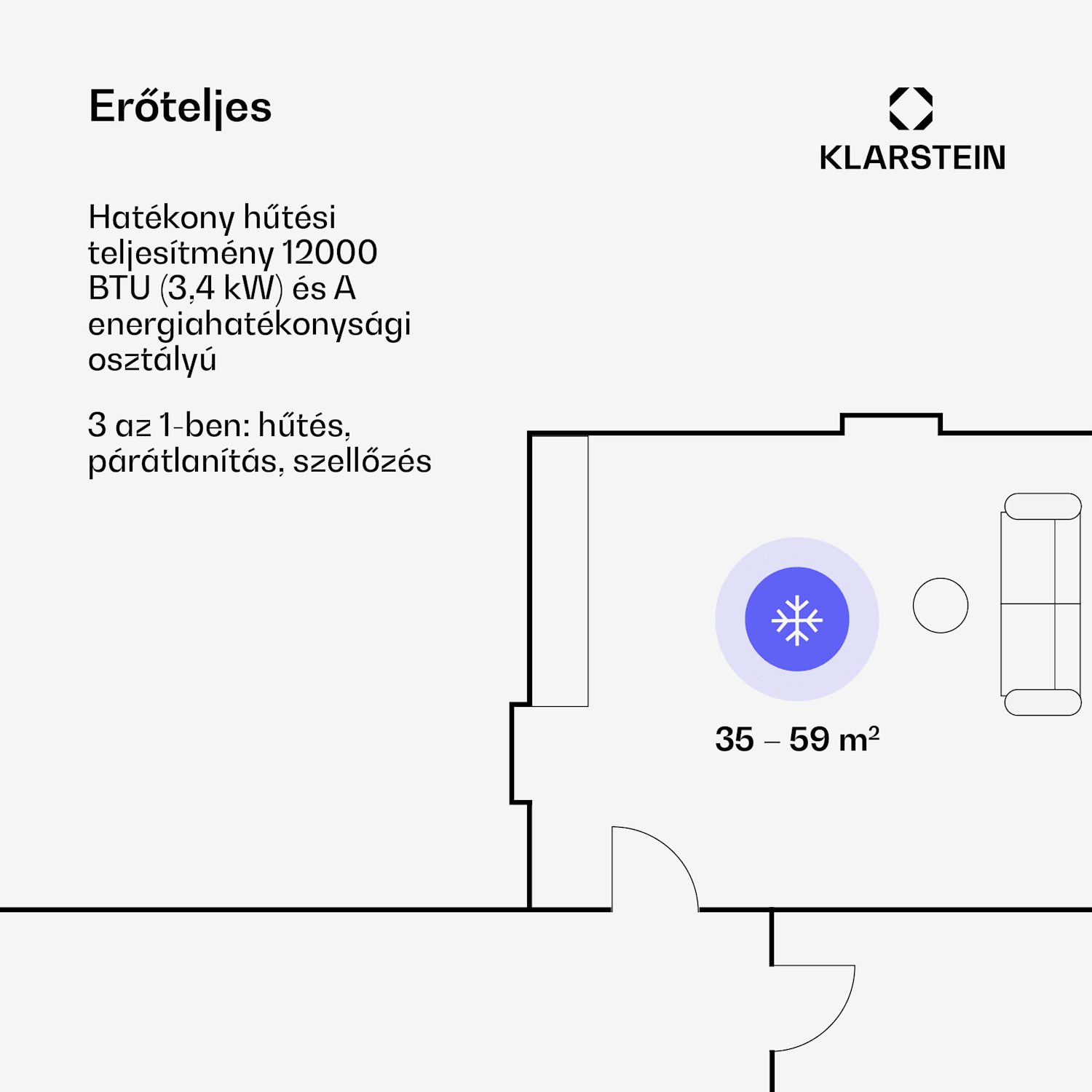 Kraftwerk Smart 12K, mobil klíma, 3 az 1-ben, 12 000 BTU, irányítás alkalmazás által, fehér 