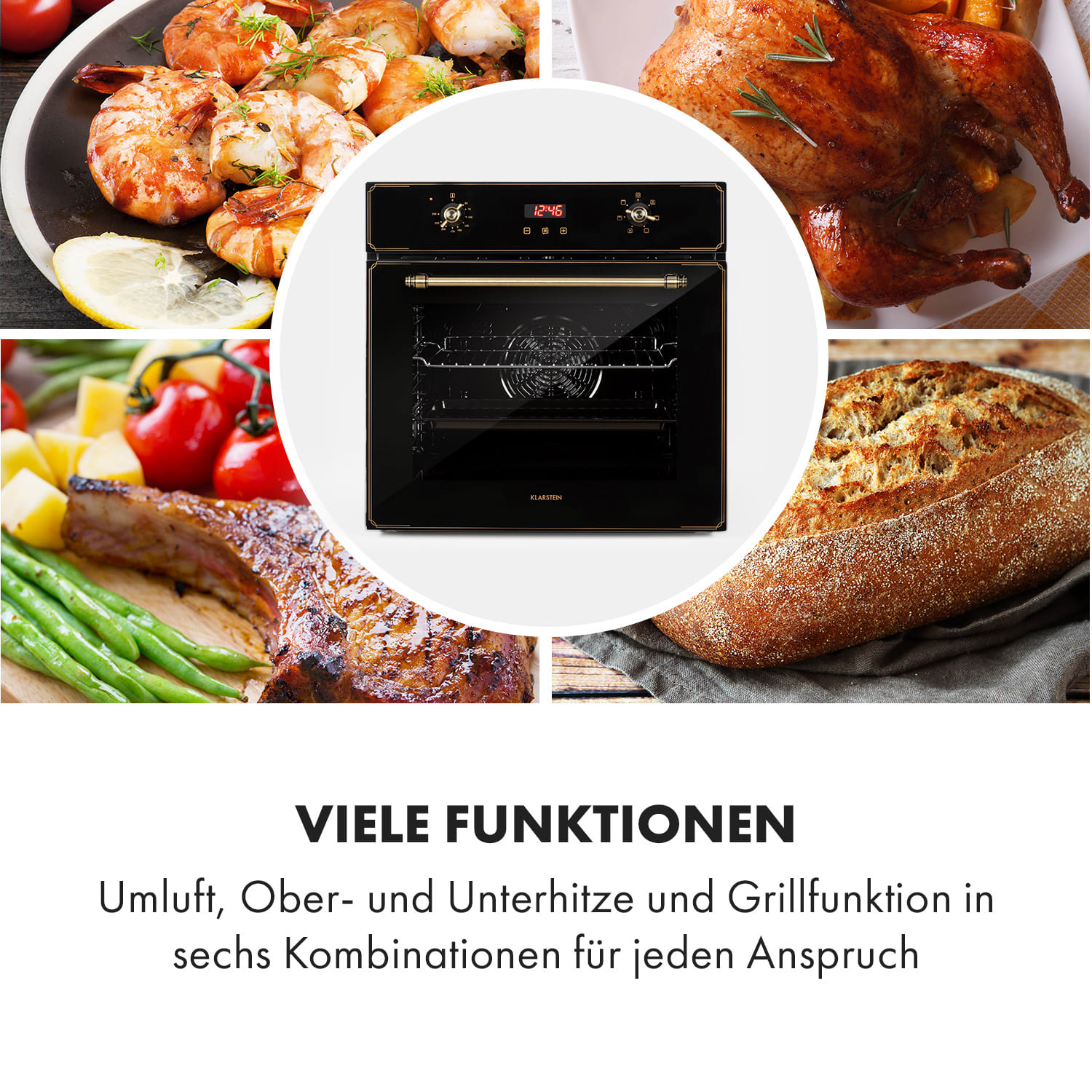 Elizabeth Einbaubackofen Retro 2200 Watt 70l Messingoptik Display Schwarz