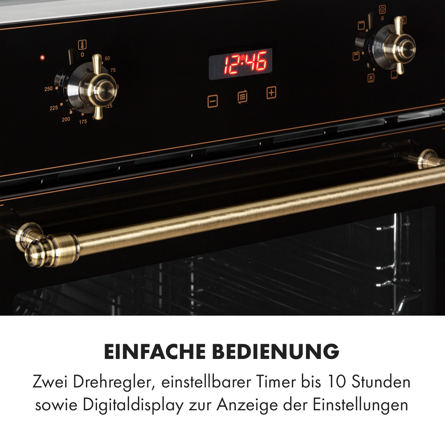 Elizabeth Einbaubackofen Retro 2200 Watt 70l Messingoptik Display Schwarz