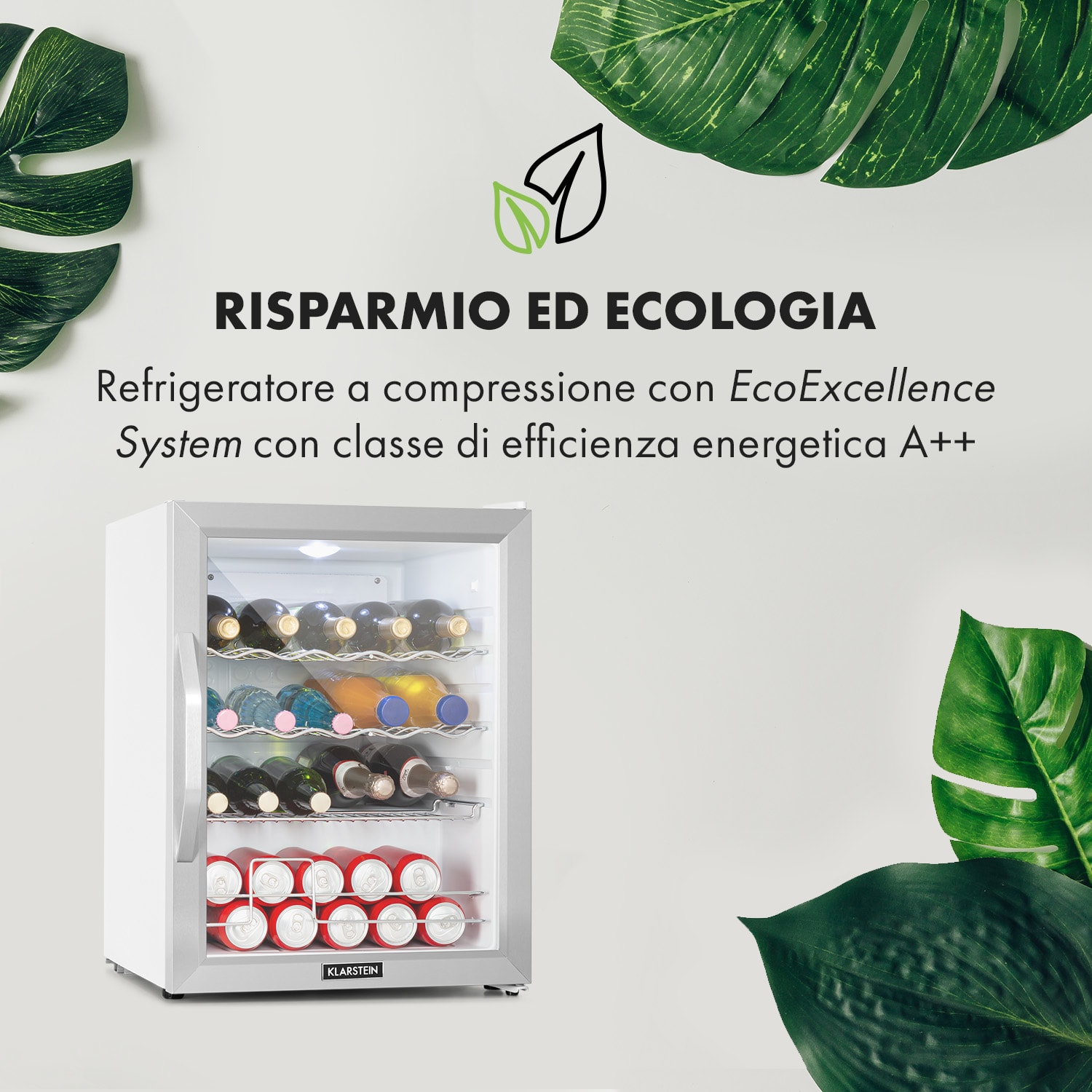 Beersafe XL Crystal White - Frigorifero, 60 litri, 4 ripiani, sportello panoramico in vetro, acciaio inox 60 Ltr | Bianco