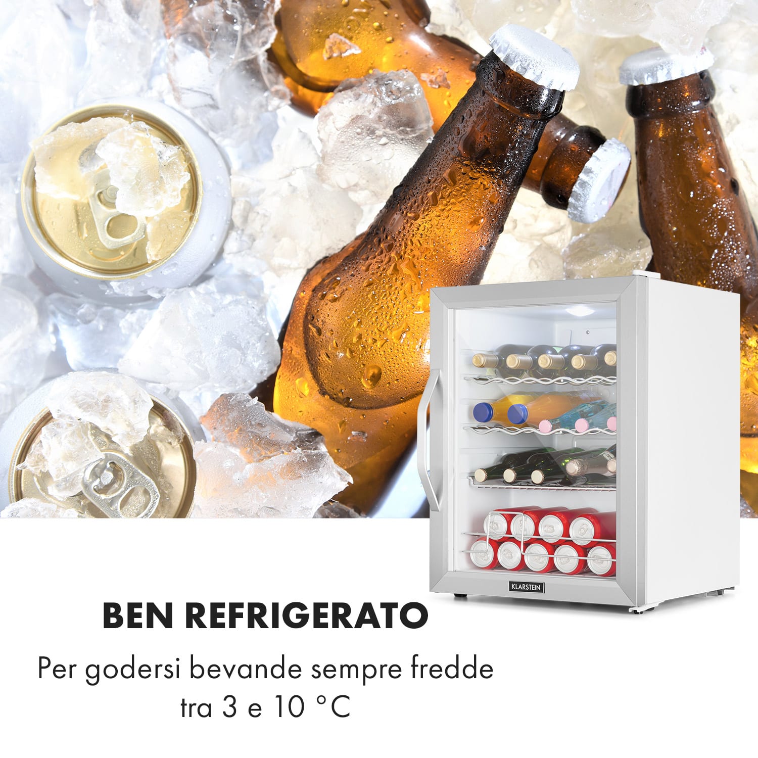 Beersafe XL Crystal White - Frigorifero, 60 litri, 4 ripiani, sportello panoramico in vetro, acciaio inox 60 Ltr | Bianco