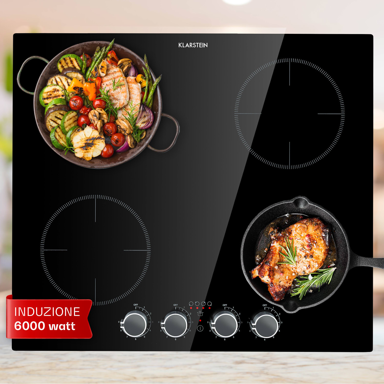 Kochheld Piano Cottura a Induzione a 4 Zone 6000W Manopola Vetro nero 4