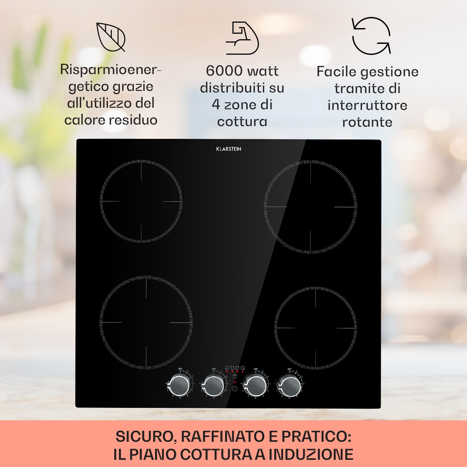 Kochheld Piano Cottura a Induzione a 4 Zone 6000W Manopola Vetro nero 4