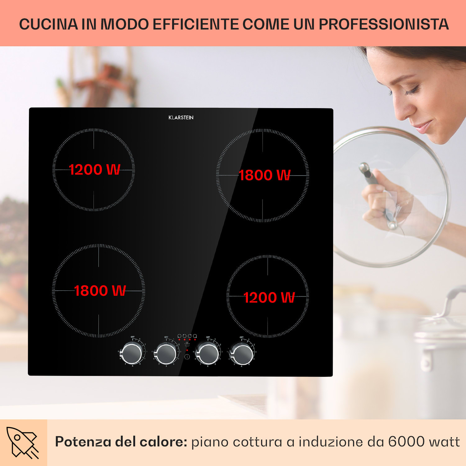 Kochheld Piano Cottura a Induzione a 4 Zone 6000W Manopola Vetro nero 4