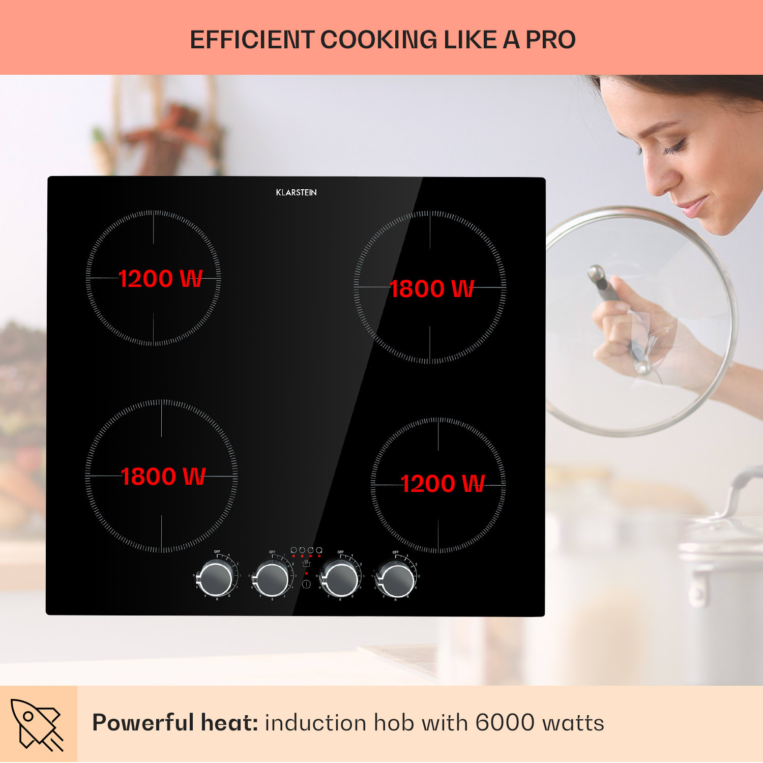 Kochheld, indukciós főzőlap, 6000 W, 4 zóna, forgó szabályozók, üveg, fekete 4