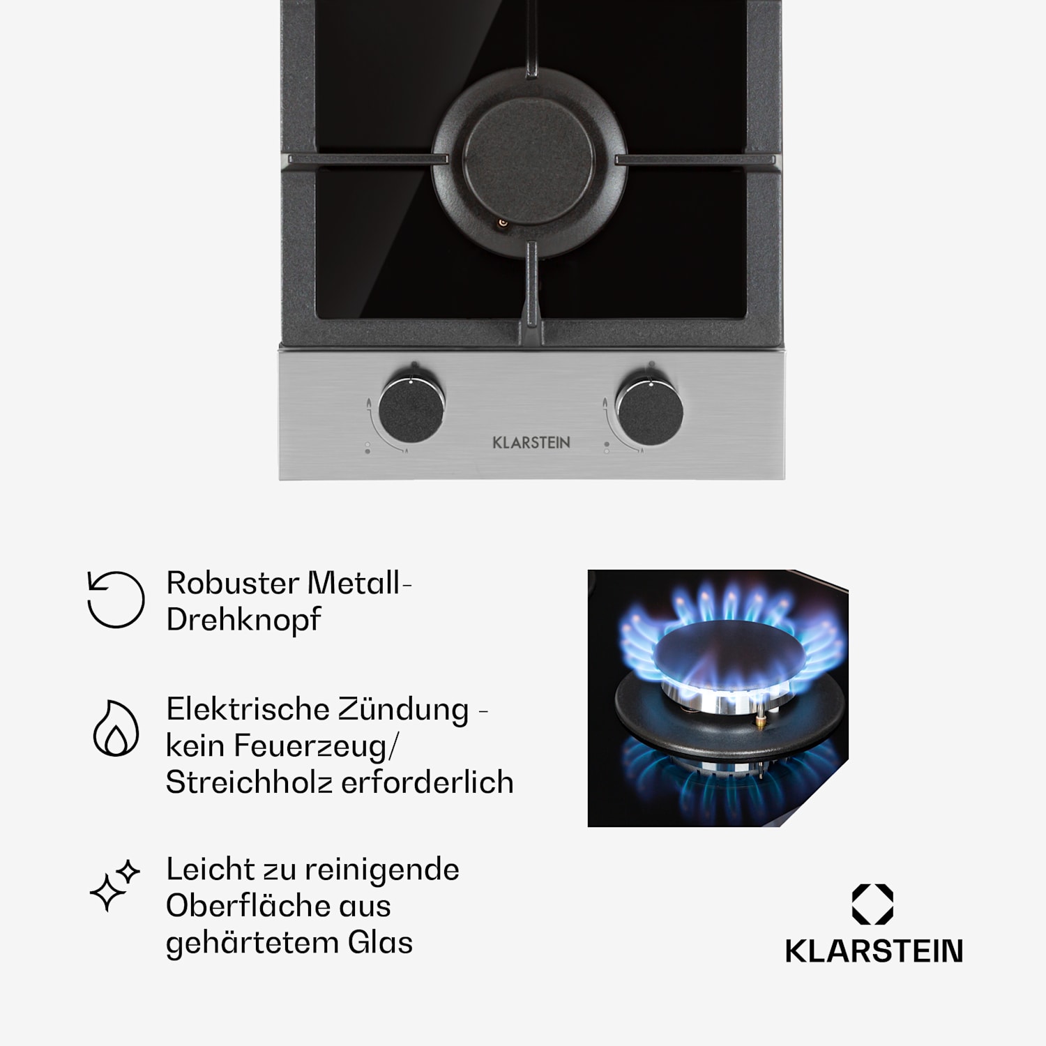 Alchemist Domino Gaskochfeld 2-flammig Aluminium-Brenner Glaskeramik 30 cm | 2 Brenner | Silber