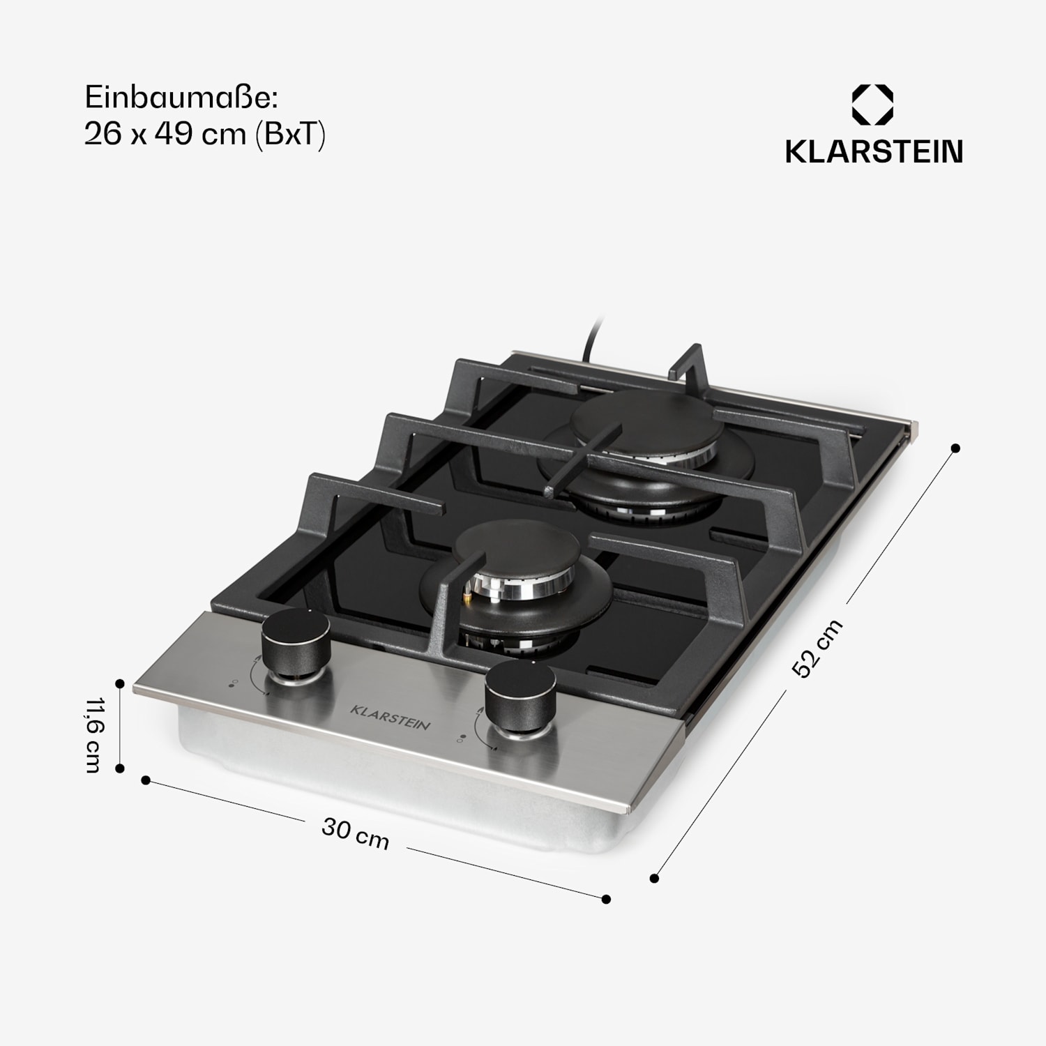Alchemist Domino Gaskochfeld 2-flammig Aluminium-Brenner Glaskeramik 30 cm | 2 Brenner | Silber