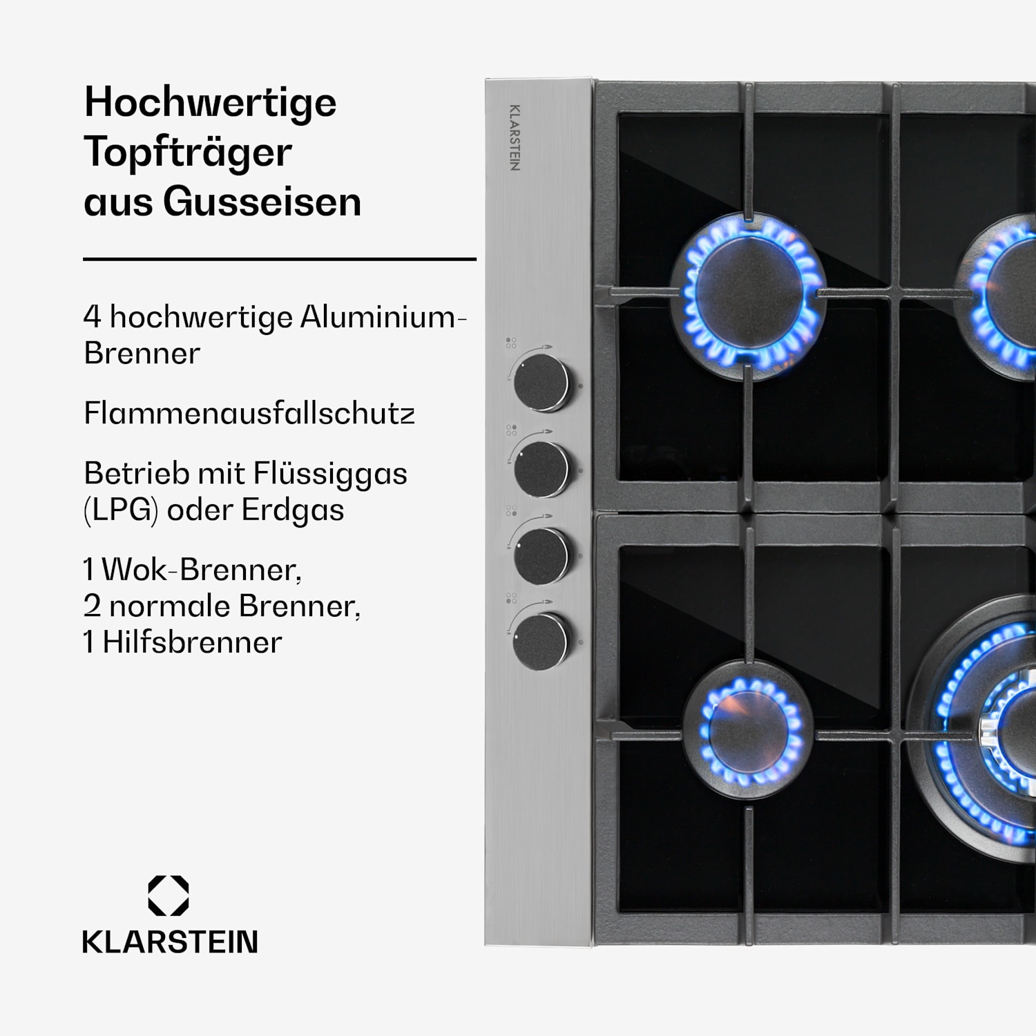 Alchemist 4 Zonen Gaskochfeld Aluminium-Brenner Glaskeramik schwarz 60 cm | 4 Brenner | Silber