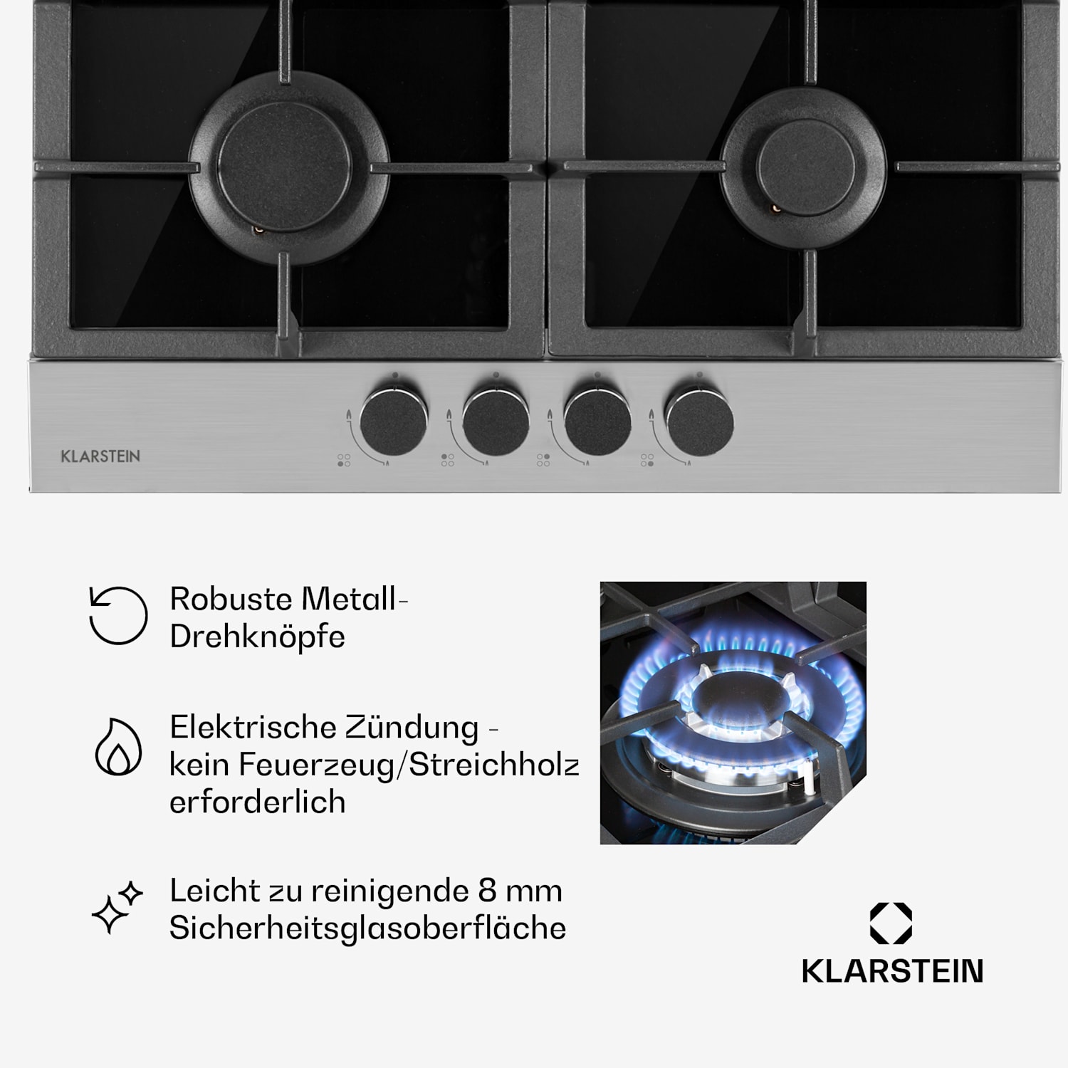 Alchemist 4 Zonen Gaskochfeld Aluminium-Brenner Glaskeramik schwarz 60 cm | 4 Brenner | Silber