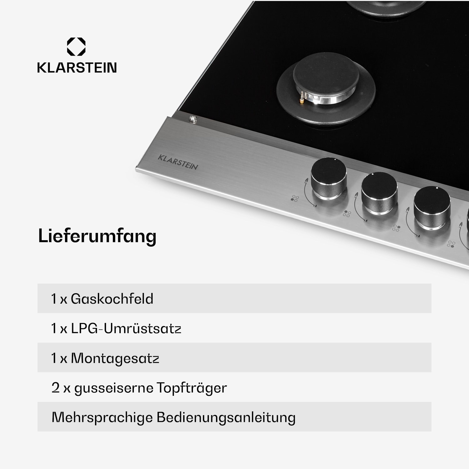 Alchemist 4 Zonen Gaskochfeld Aluminium-Brenner Glaskeramik schwarz 60 cm | 4 Brenner | Silber