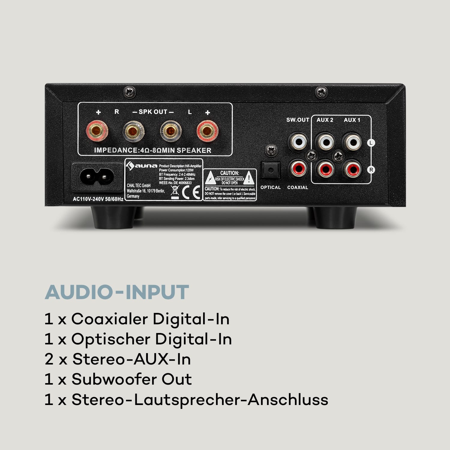 AMP-2 DG Amplificatore Stereo-Hi-Fi 2x50W RMS BT/USB Digital-In Ott.&Coas. 