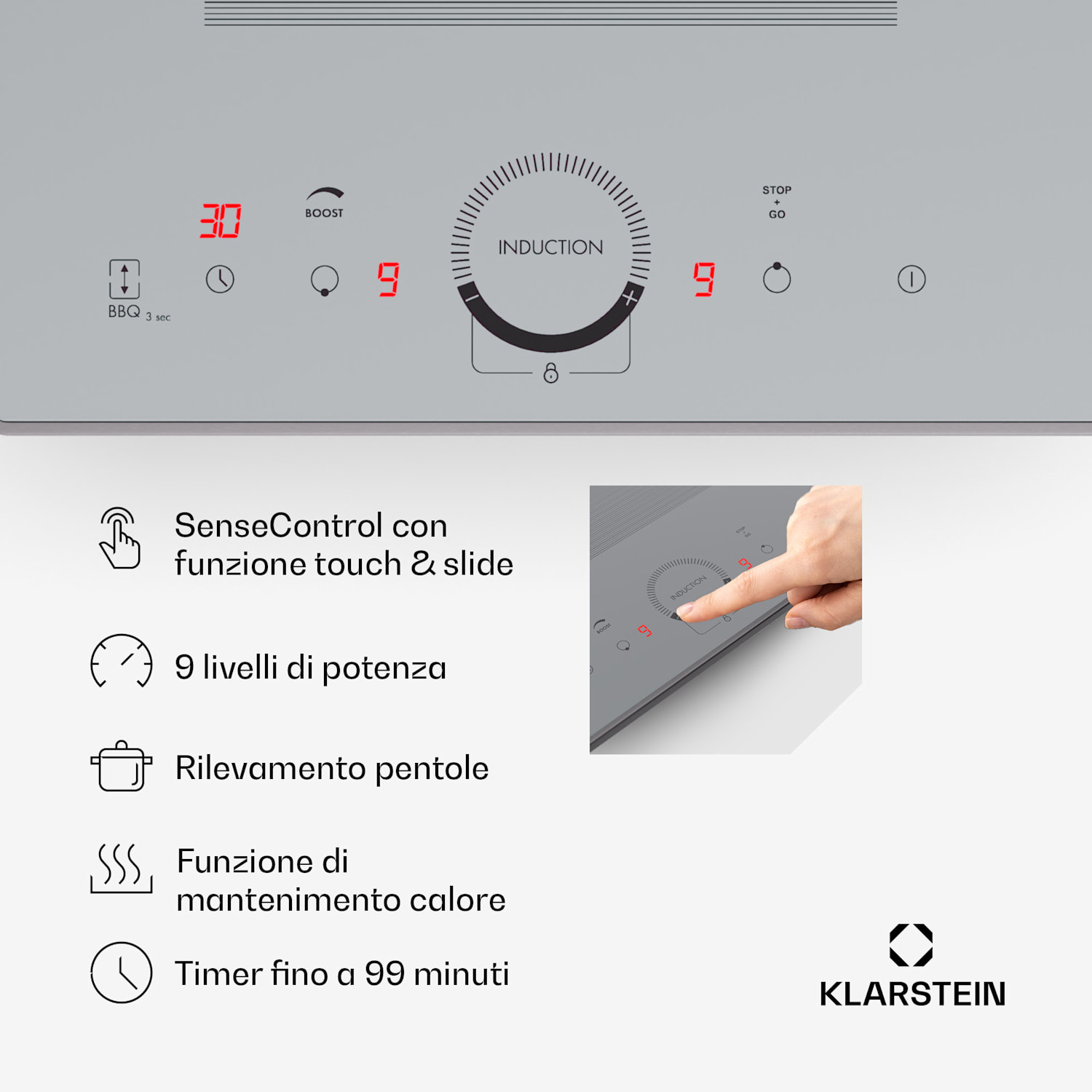 Delicatessa Slim Domino, Piano Cottura a Induzione, 3500W, Timer 2 | Bianco trasparente