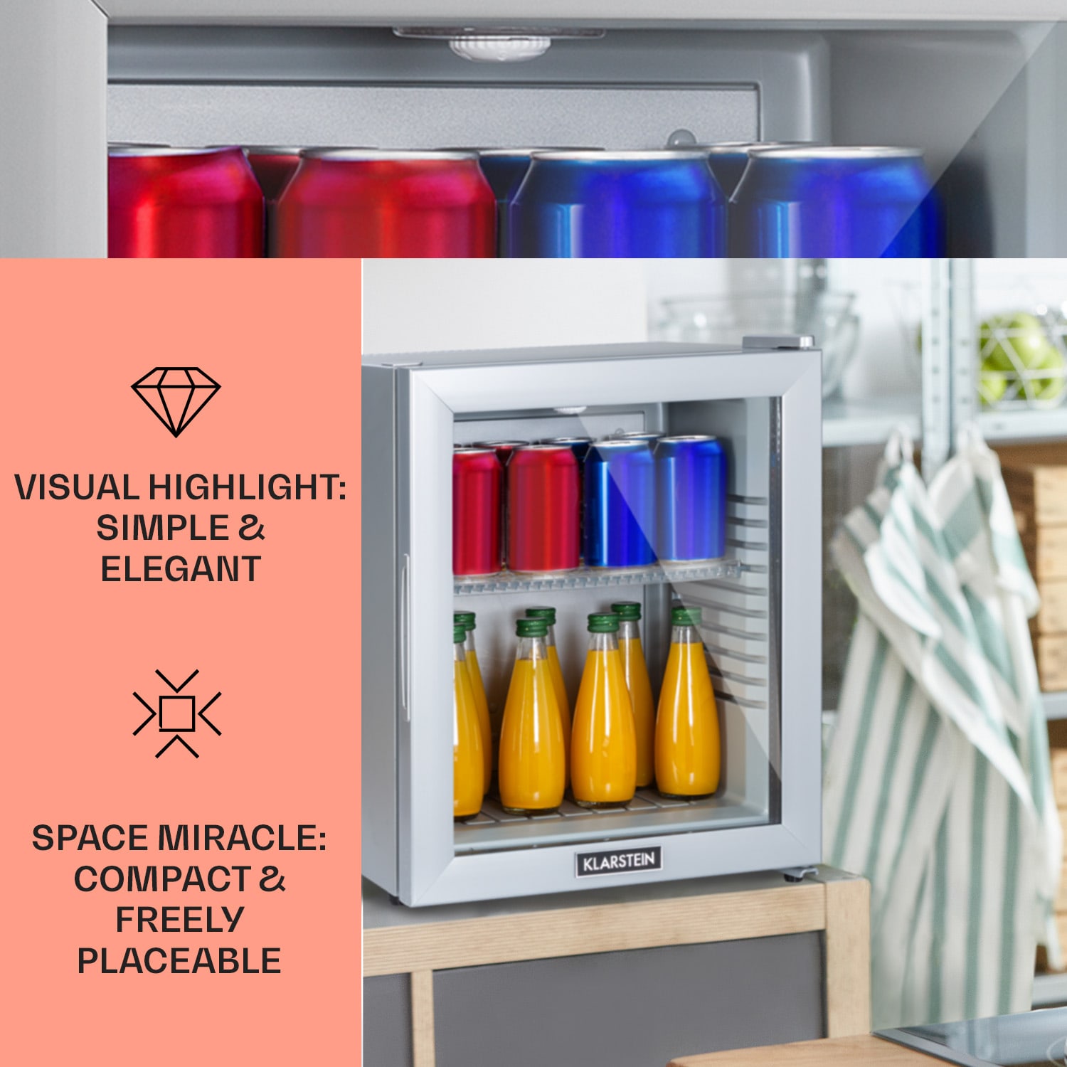 Brooklyn 24 Mini Fridge Glass Door LED Shelf 24 Ltr | Silver Metallic