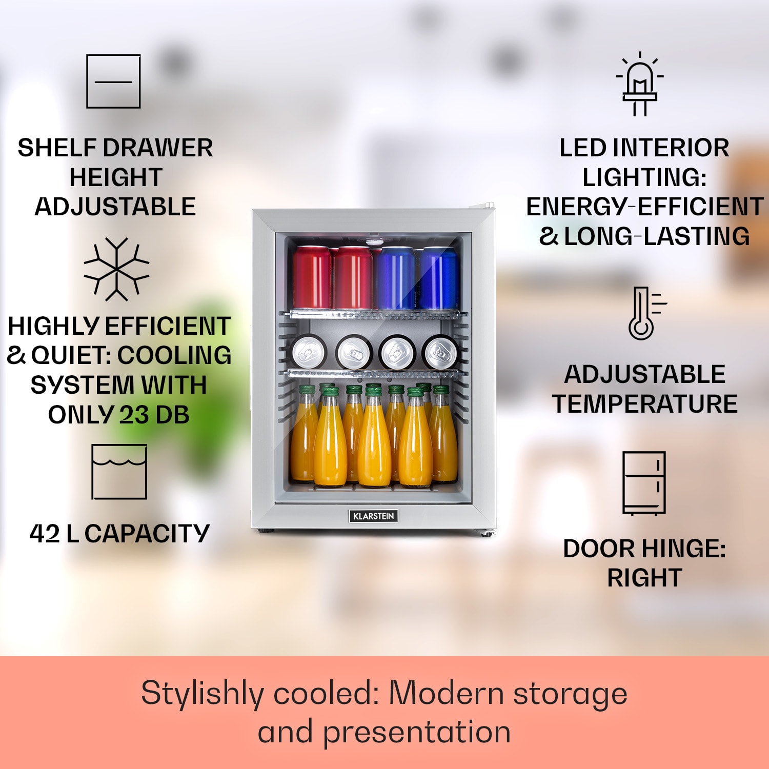 Brooklyn 42 Mini-Kühlschrank Glastür LED Ablage 42 Ltr | Silber-Metallic